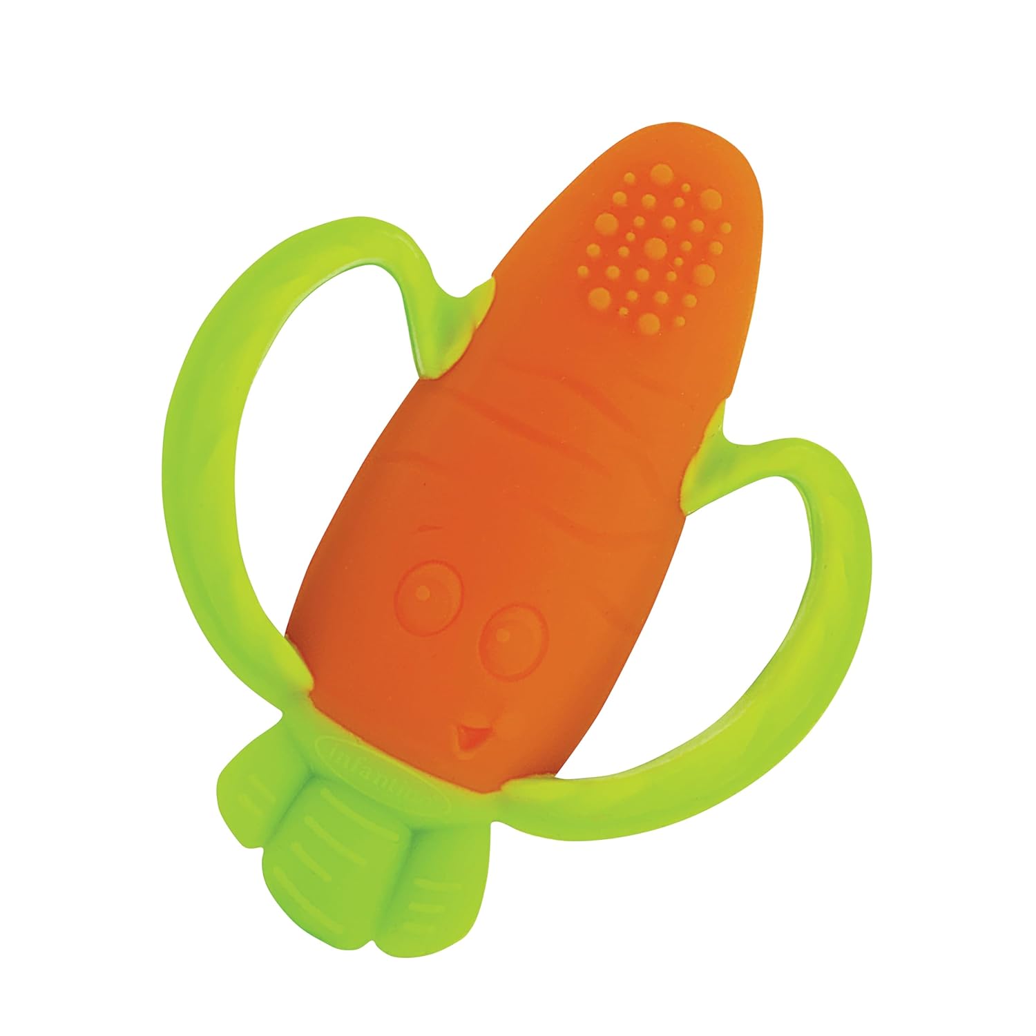 Infantino Lil' Nibbles orange carrot silicone teether with green handles