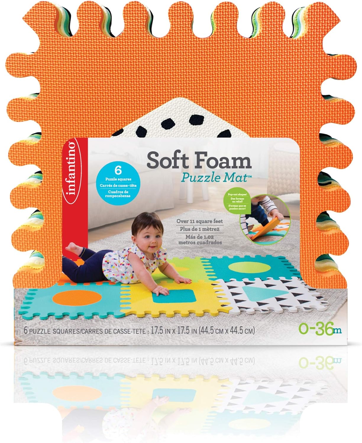 Infantino Soft Foam Puzzle Mat, orange, 6 interlocking squares for babies