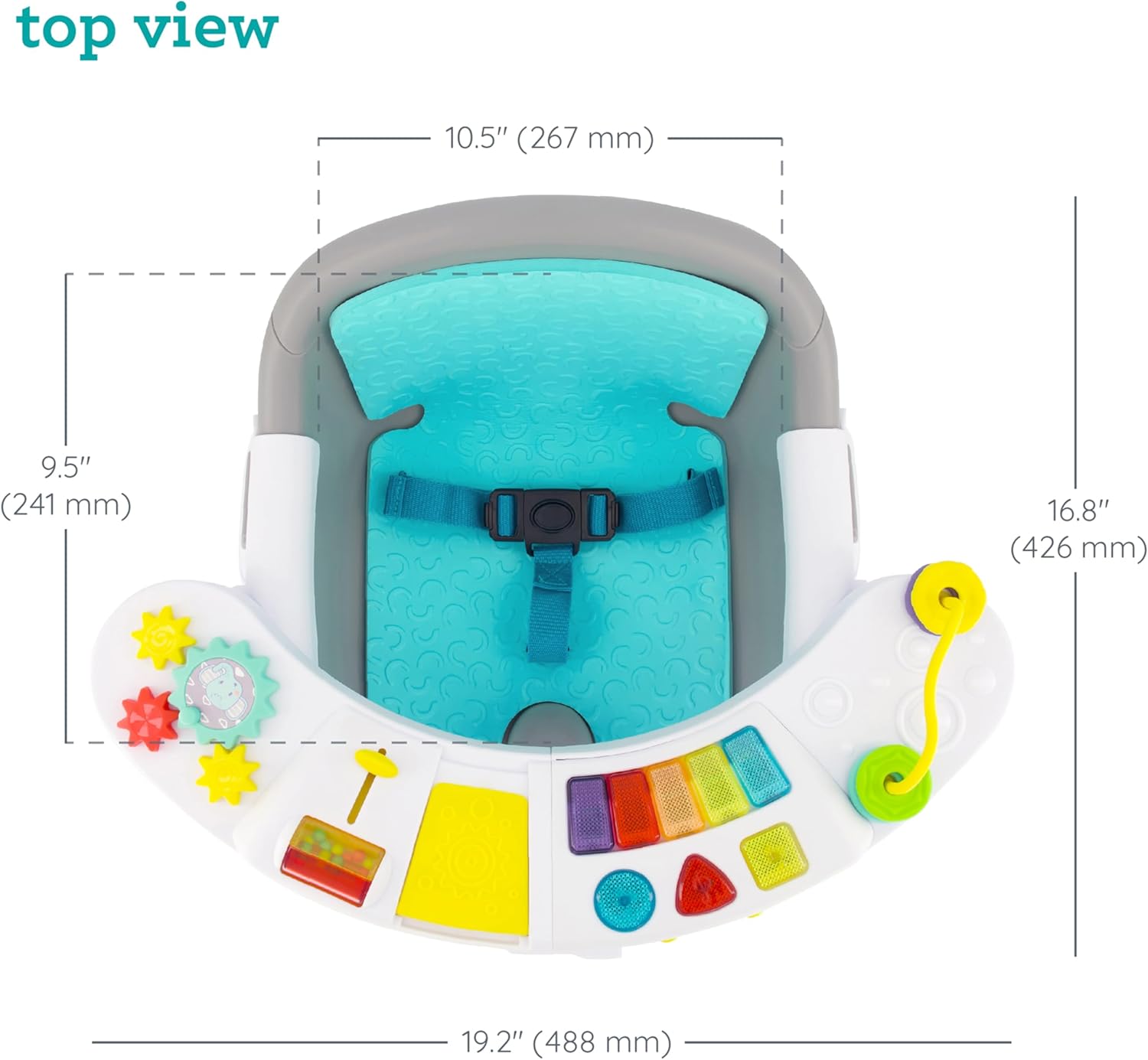 Infantino Music & Lights 3-in-1 Discovery Seat with turquoise padding and interactive toys