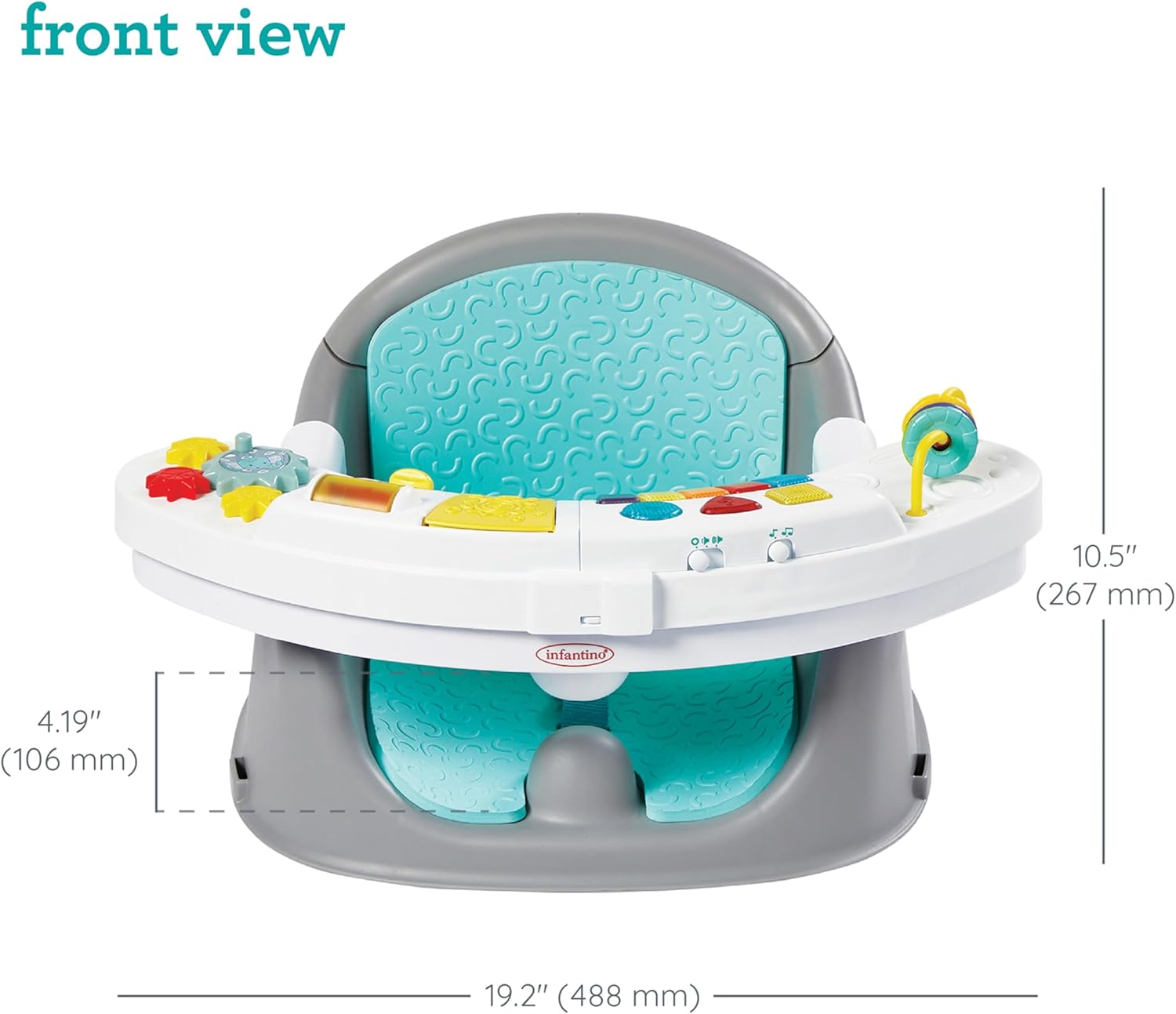 Infantino Music & Lights 3-in-1 Discovery Seat & Booster with turquoise cushion and activity tray