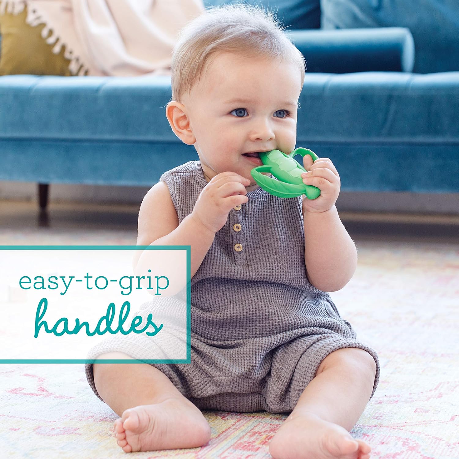 Infantino Lil' Nibbles green silicone teether with textured surface and easy-grip handles