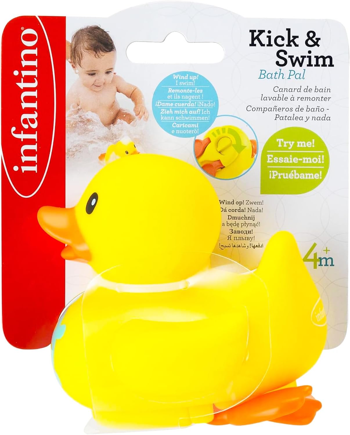 Infantino Kick & Swim yellow bath duck toy with orange feet