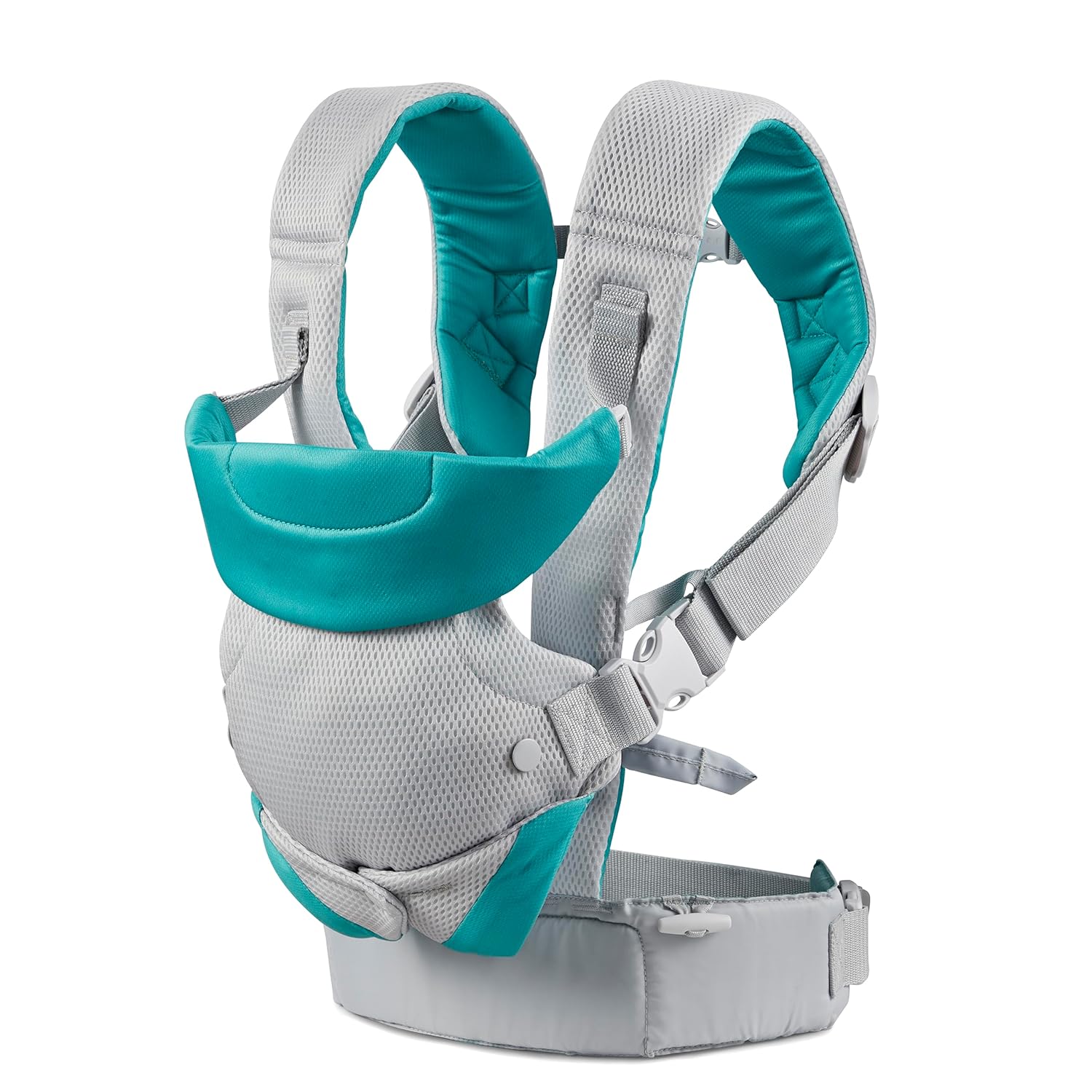 Infantino Flip 4-in-1 convertible baby carrier in grey and teal with mesh panels