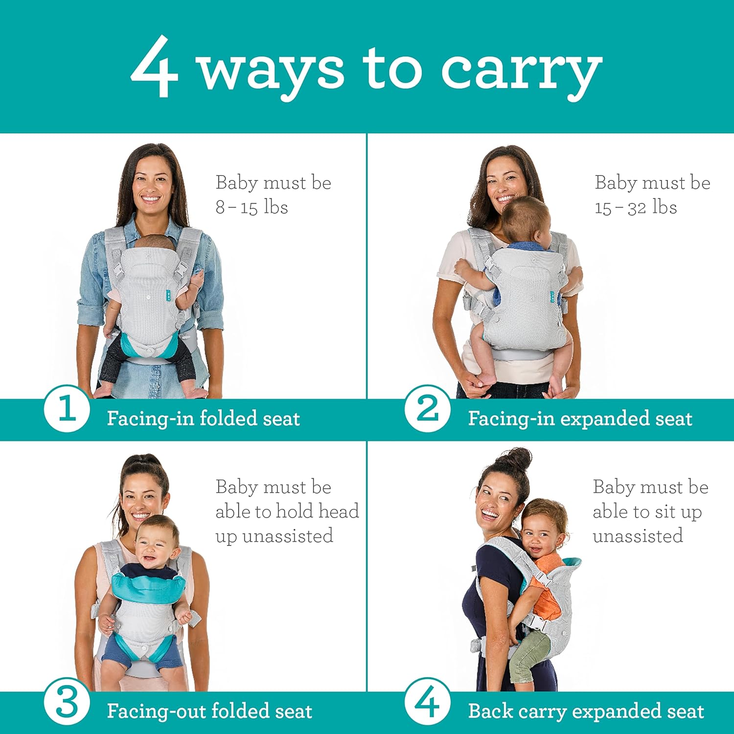 Infantino Flip 4-in-1 convertible baby carrier in light grey with four carrying positions