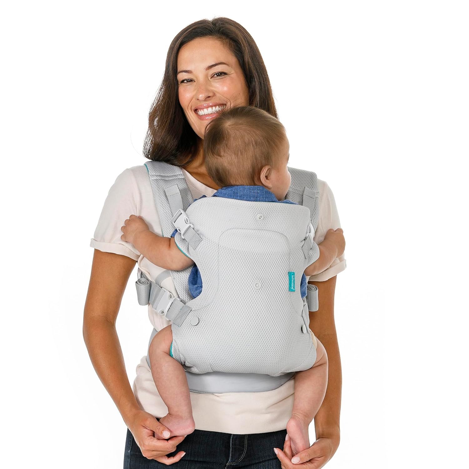 Infantino Flip 4-in-1 convertible baby carrier in grey and blue mesh fabric