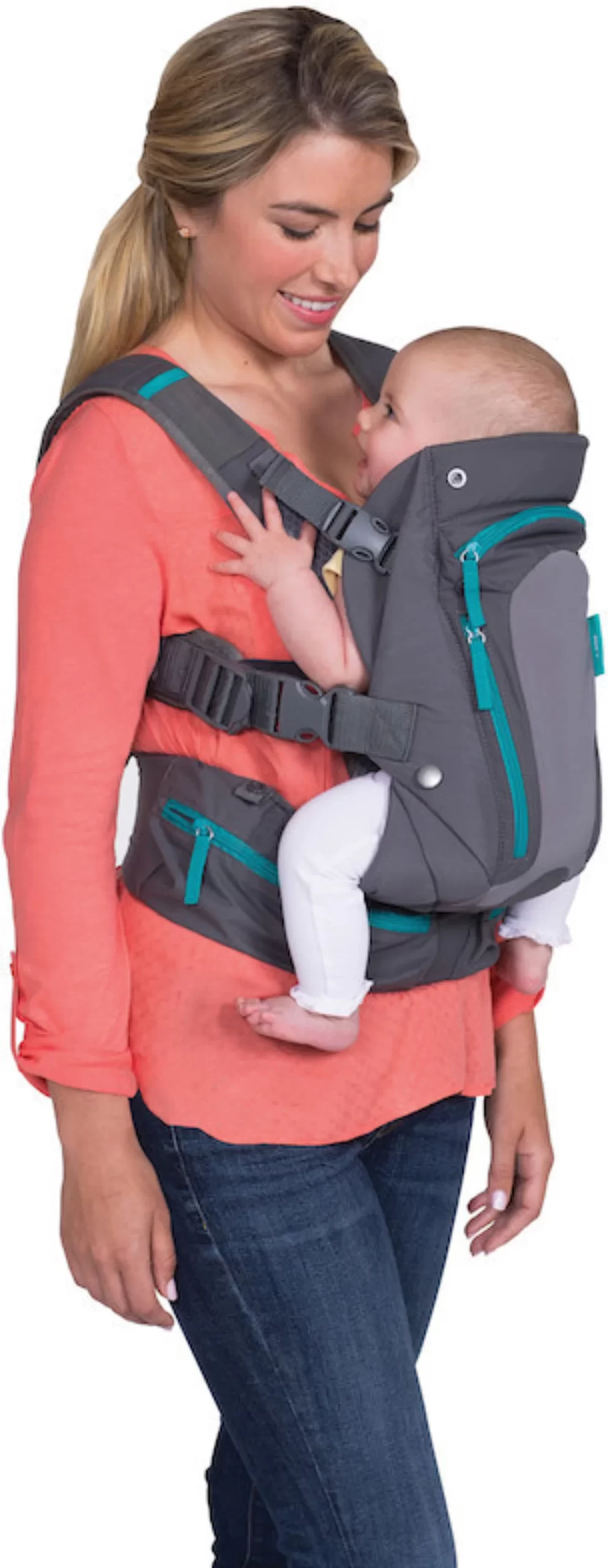 Infantino Carry On Multi-Pocket baby carrier in charcoal grey with turquoise accents