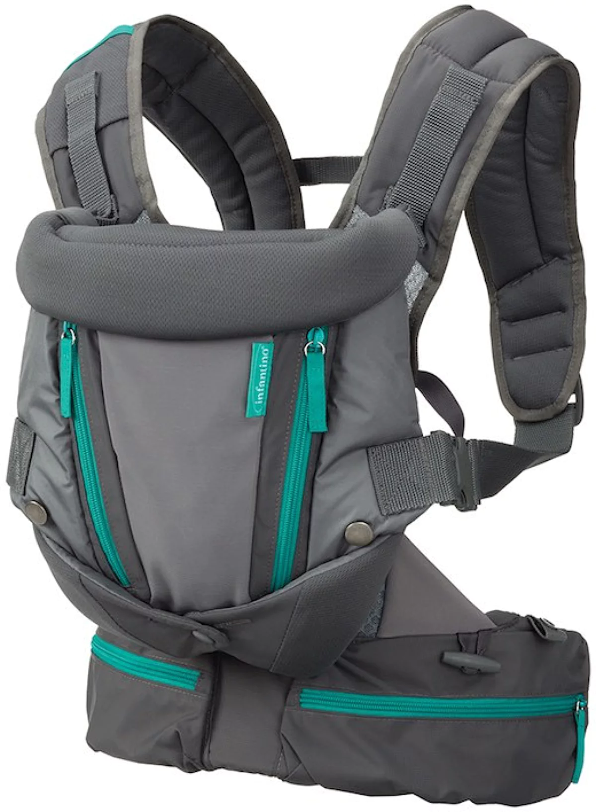 Infantino Carry On Multi-Pocket Baby Carrier grey and teal with storage pockets