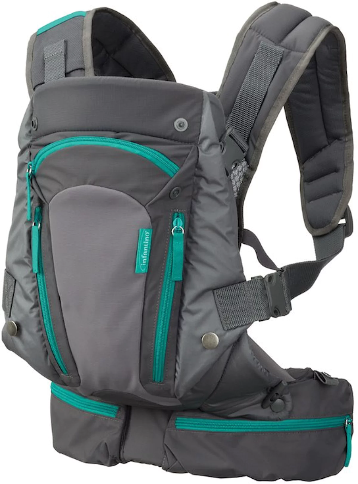 Infantino Carry On Multi-Pocket Baby Carrier grey and teal with storage pockets