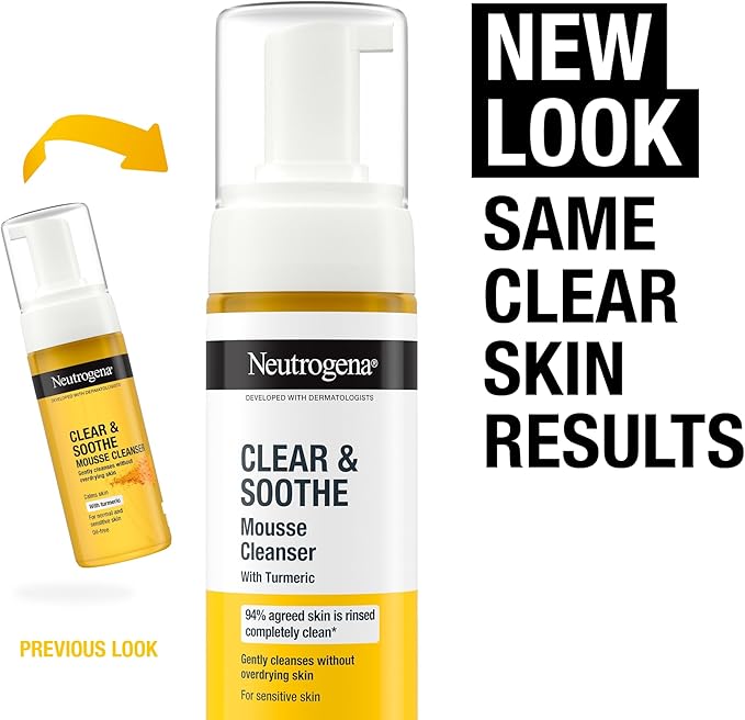 Neutrogena Clear & Soothe Mousse Cleanser 150ml with turmeric, white and gold bottle