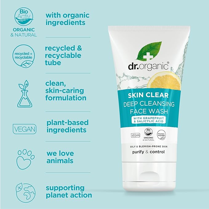 Dr Organic Skin Clear Deep Cleansing Face Wash 125ml with grapefruit and salicylic acid