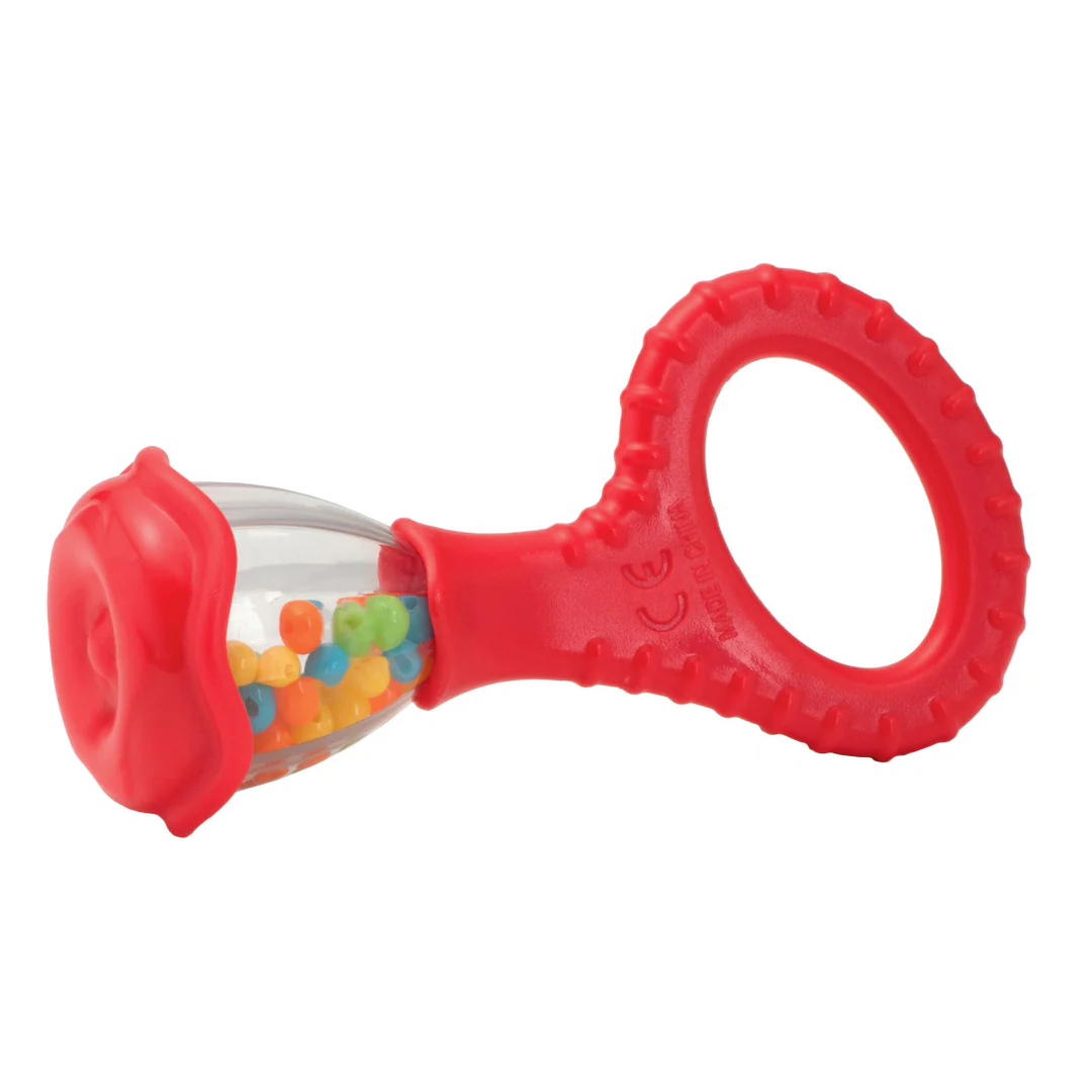 Halilit red baby rattle with textured grip and coloured beads inside
