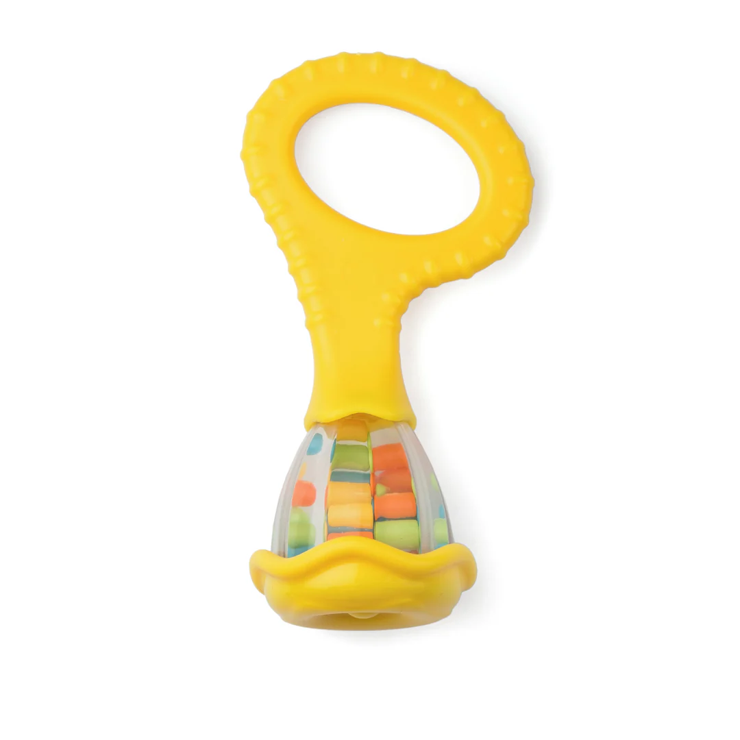 Halilit yellow baby rattle with textured grip and coloured beads