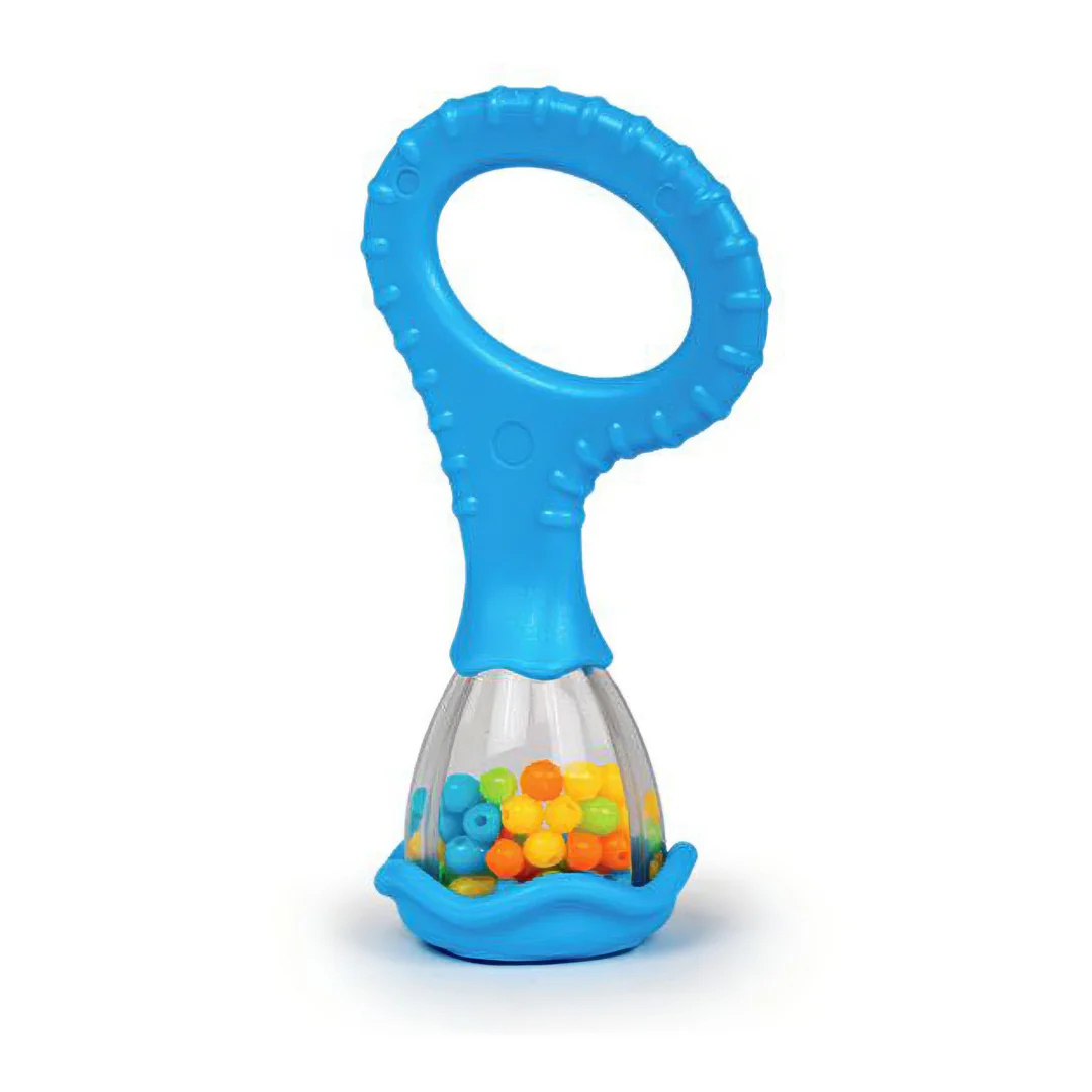 Halilit blue baby rattle with coloured beads and textured grip handle