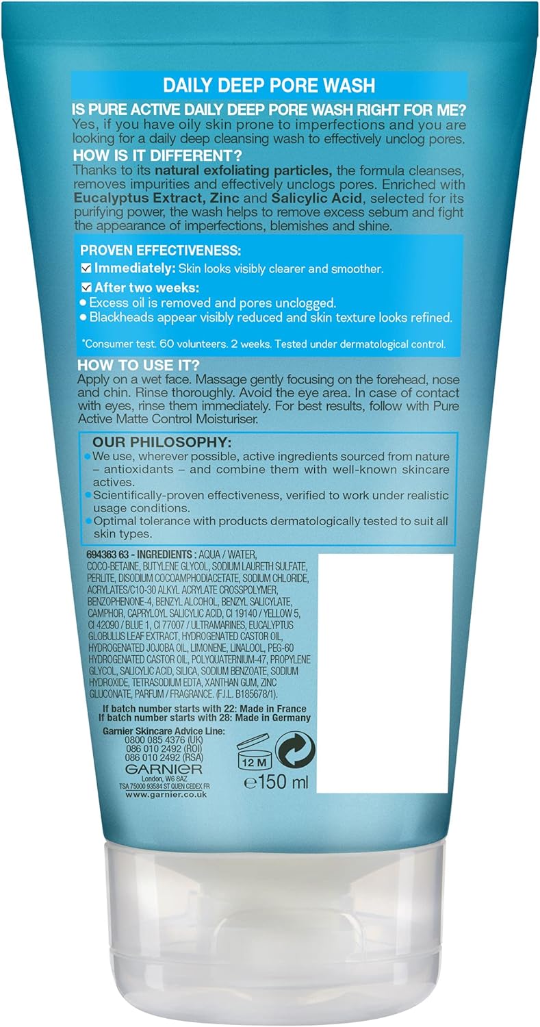 Garnier Pure Active Anti-Blackhead Daily Deep Pore Face Wash 150ml tube