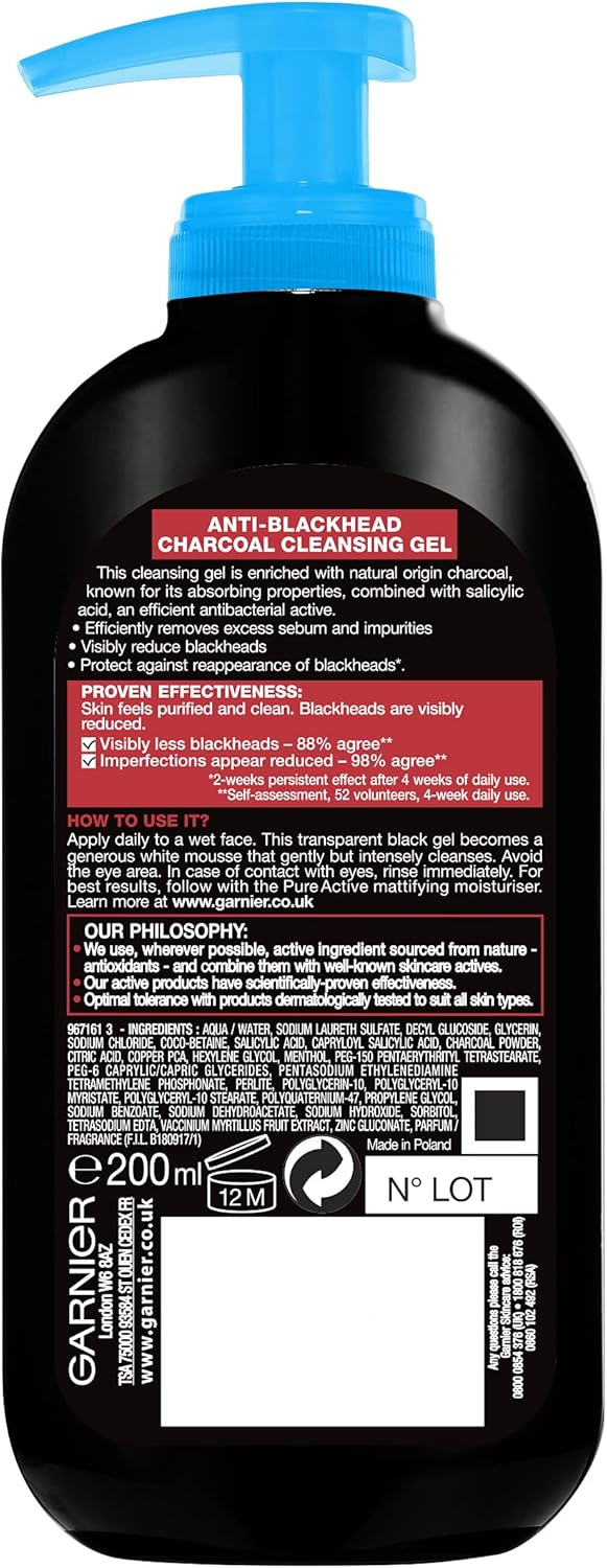 Garnier Pure Active charcoal anti-blackhead gel wash 200ml pump bottle black