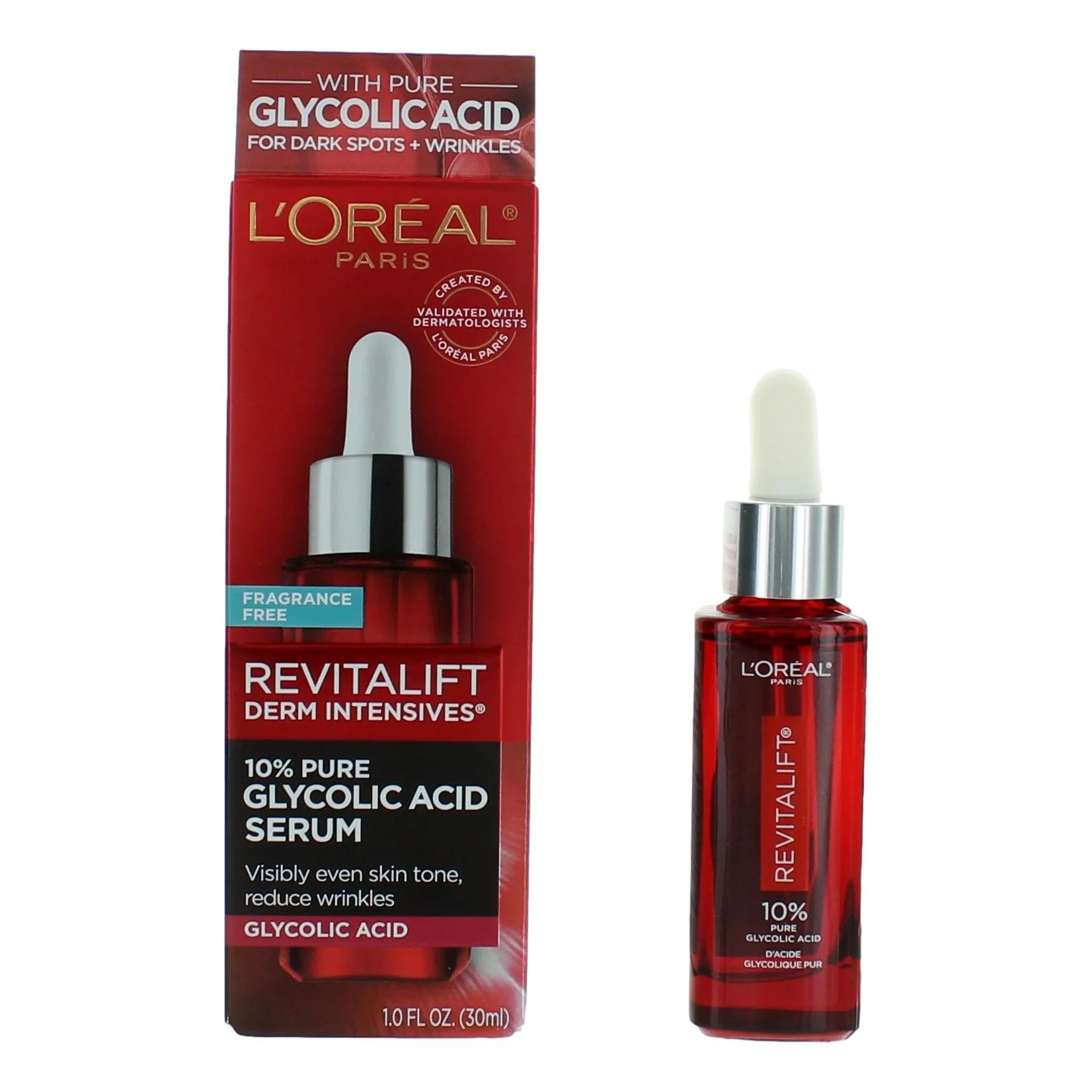 L'Oréal Paris Revitalift Derm Intensives 10% pure glycolic acid serum bottle with dropper