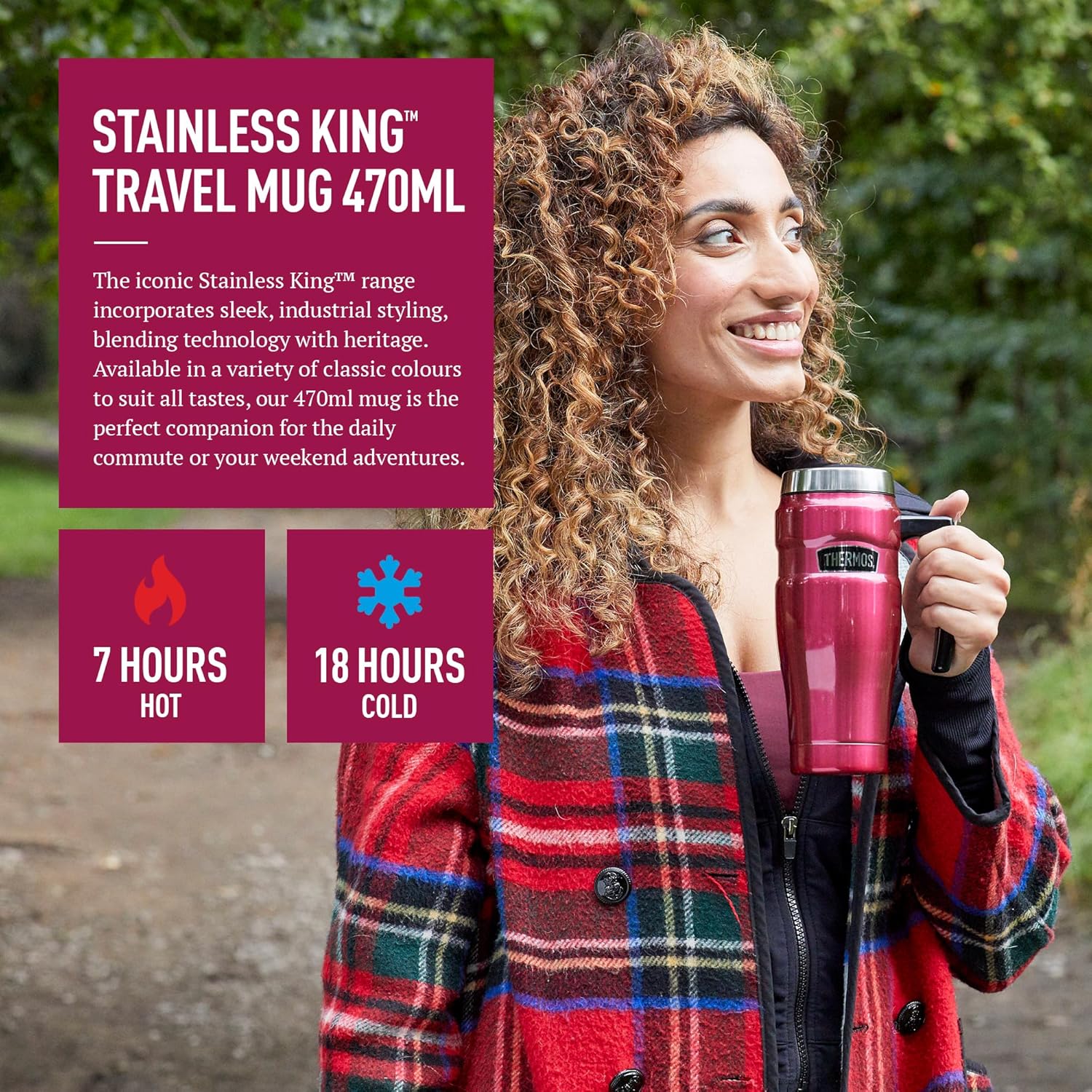 Thermos Stainless King raspberry travel mug 470ml with handle