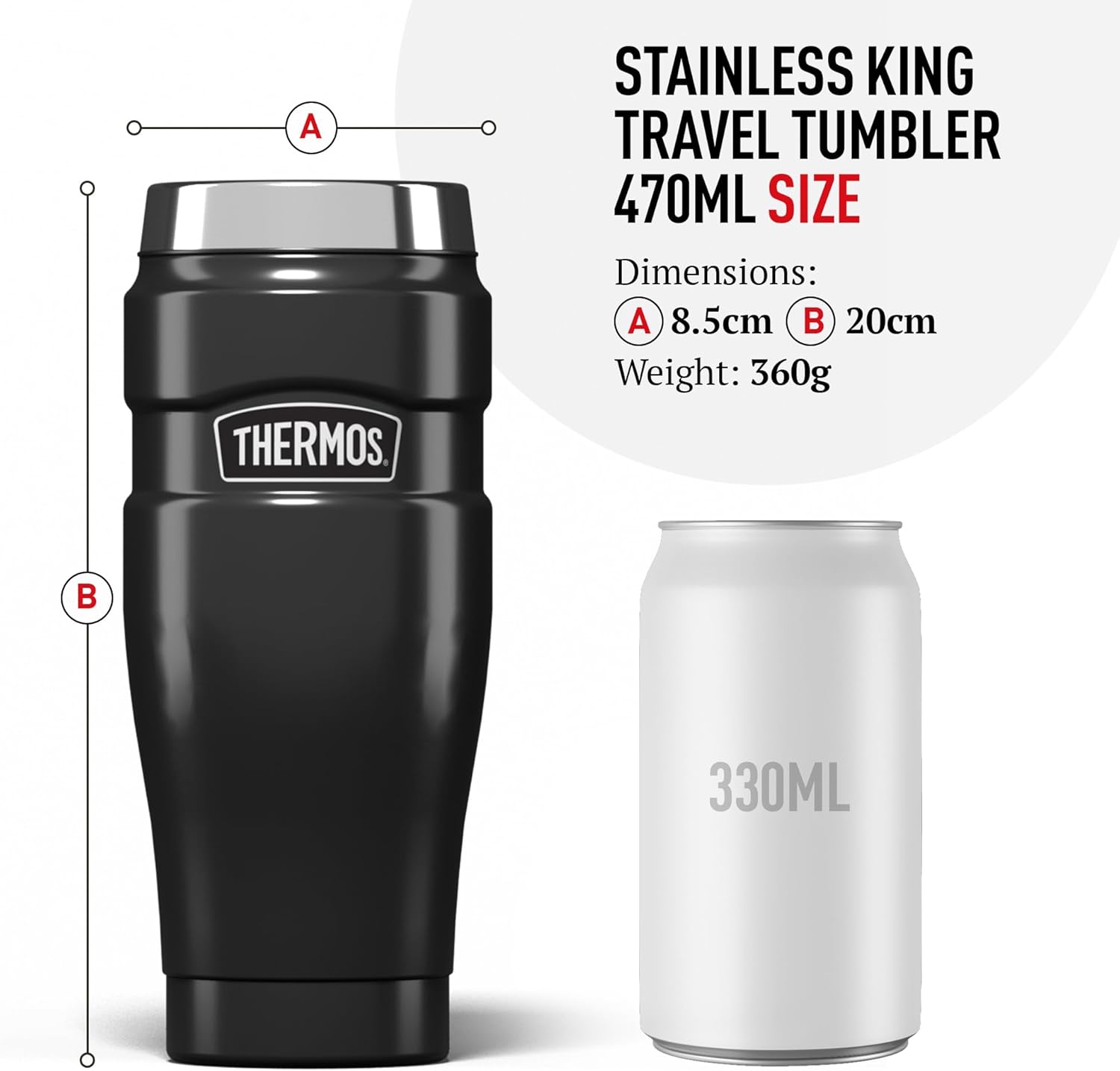 Thermos Stainless King matt black travel tumbler 470ml with stainless steel lid