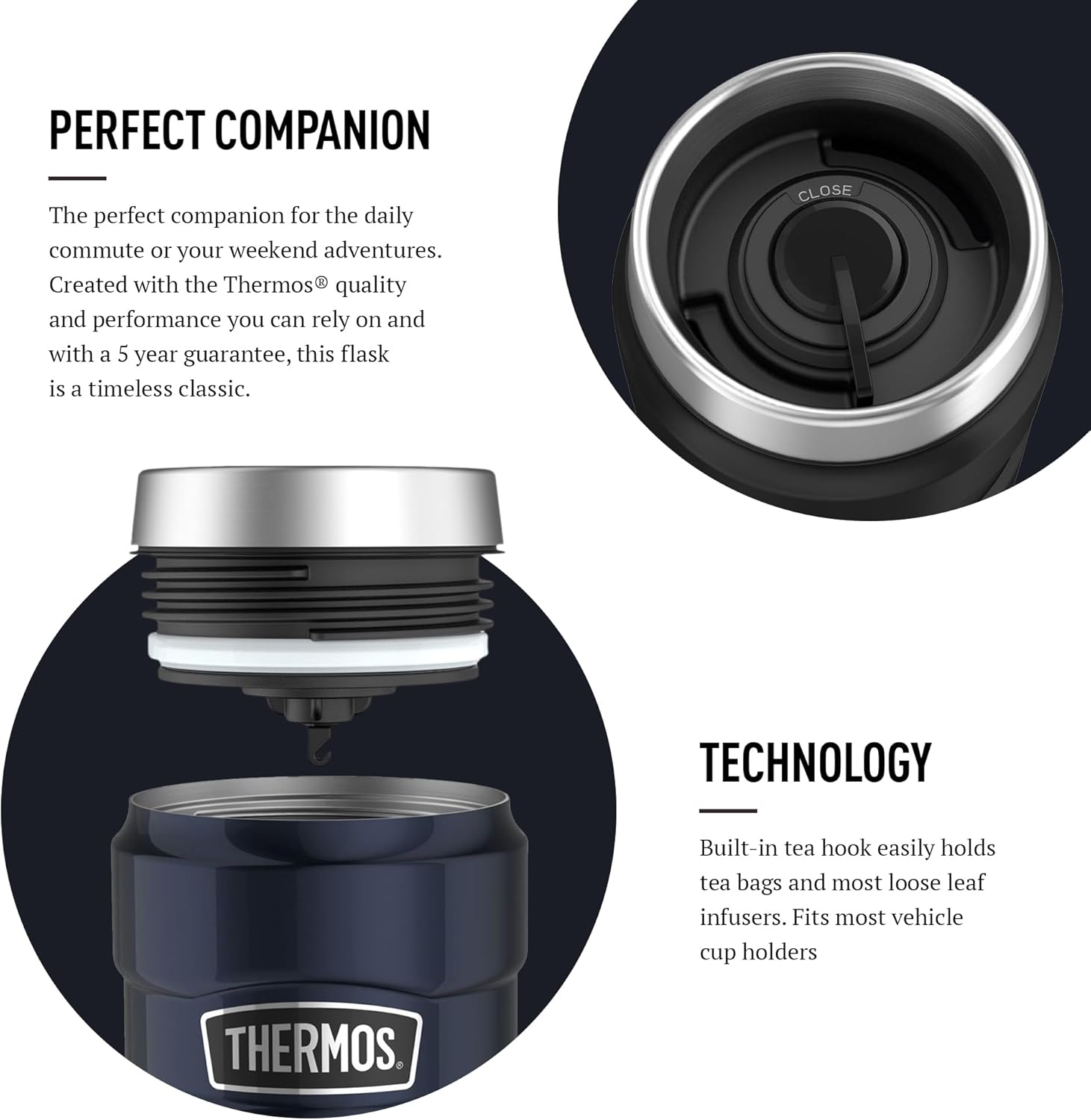 Thermos Stainless King matt black travel tumbler 470ml with lid detail