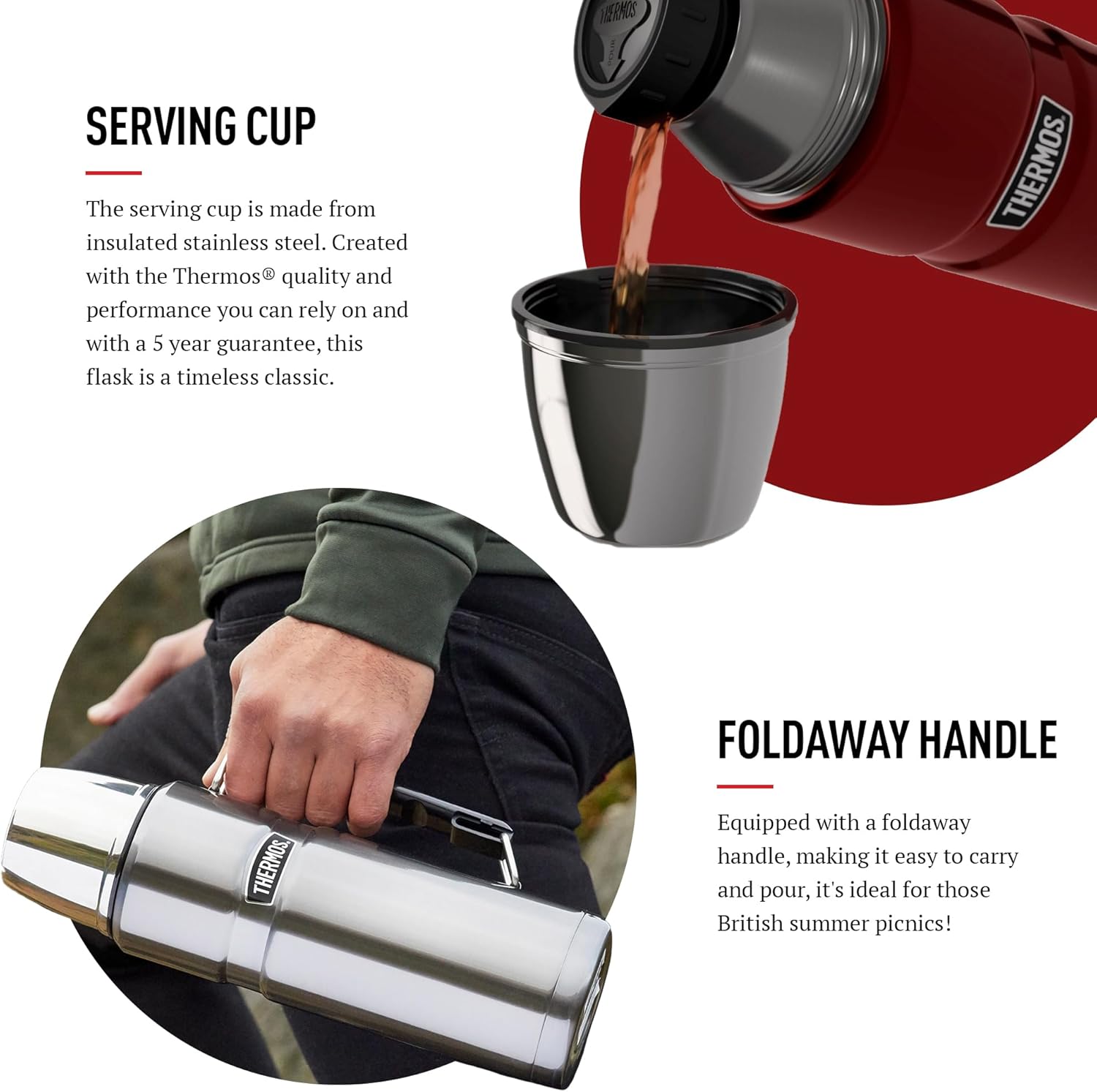 Thermos Stainless King red flask 470ml with serving cup and foldaway handle