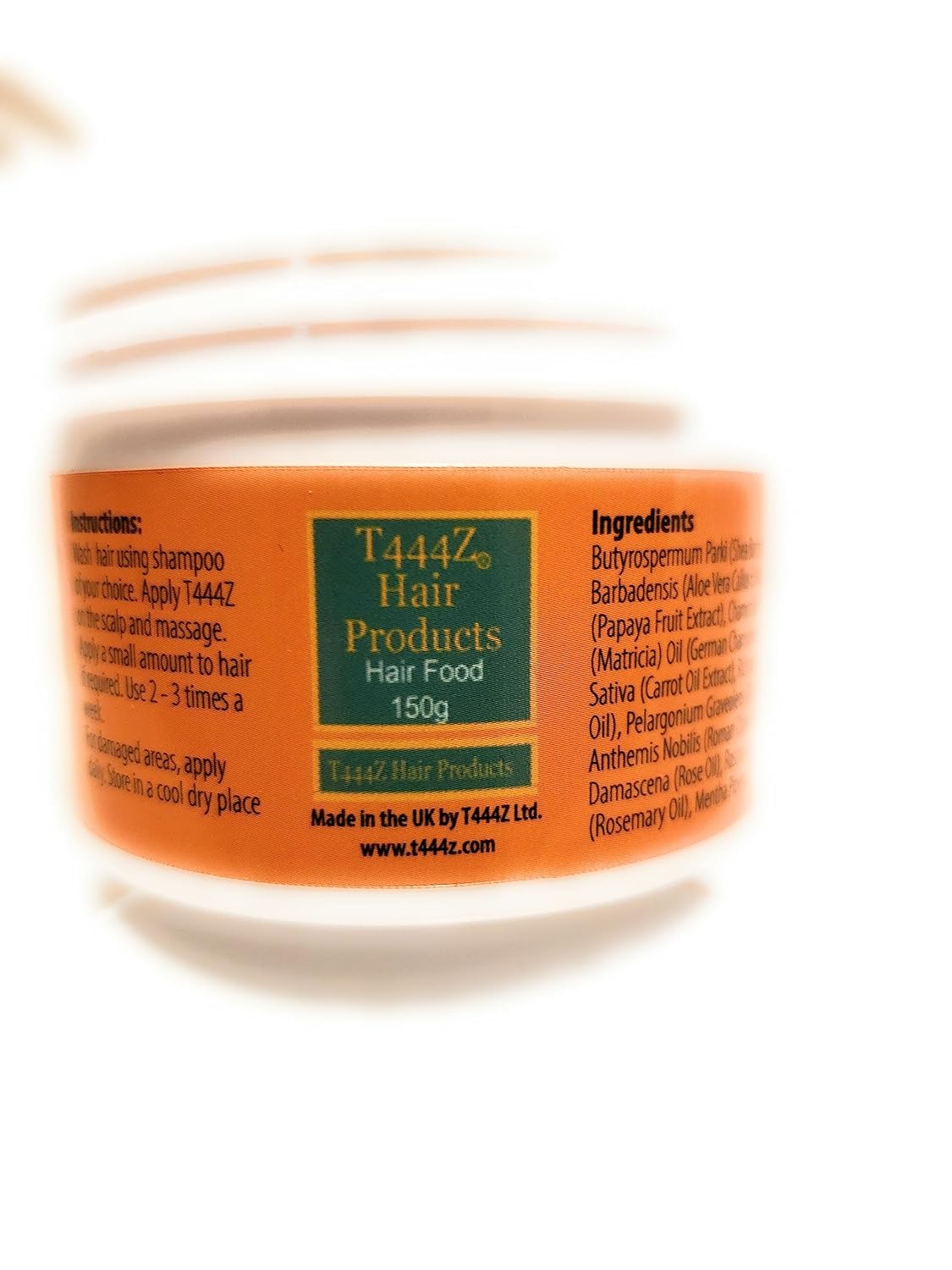 T444Z Hair Food 150g jar with orange label and green branding