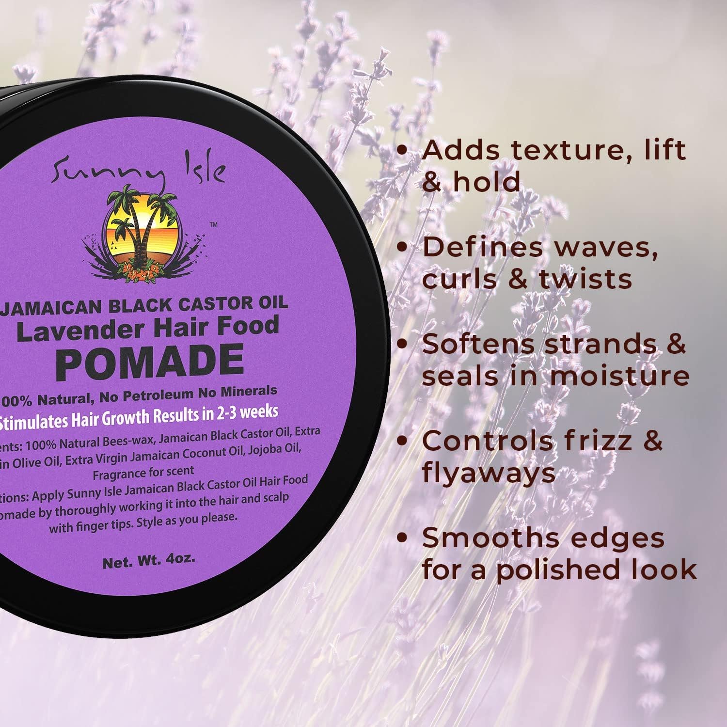 Sunny Isle Lavender Jamaican Black Castor Oil Hair Food Pomade 4oz jar with purple label