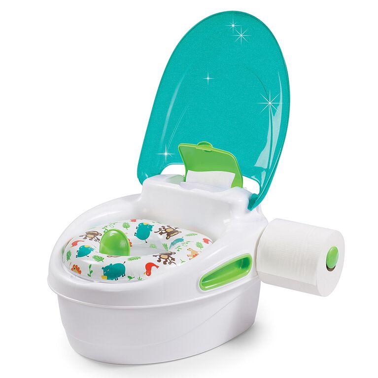 Summer Infant Step-by-Step potty trainer with turquoise lid and green handles
