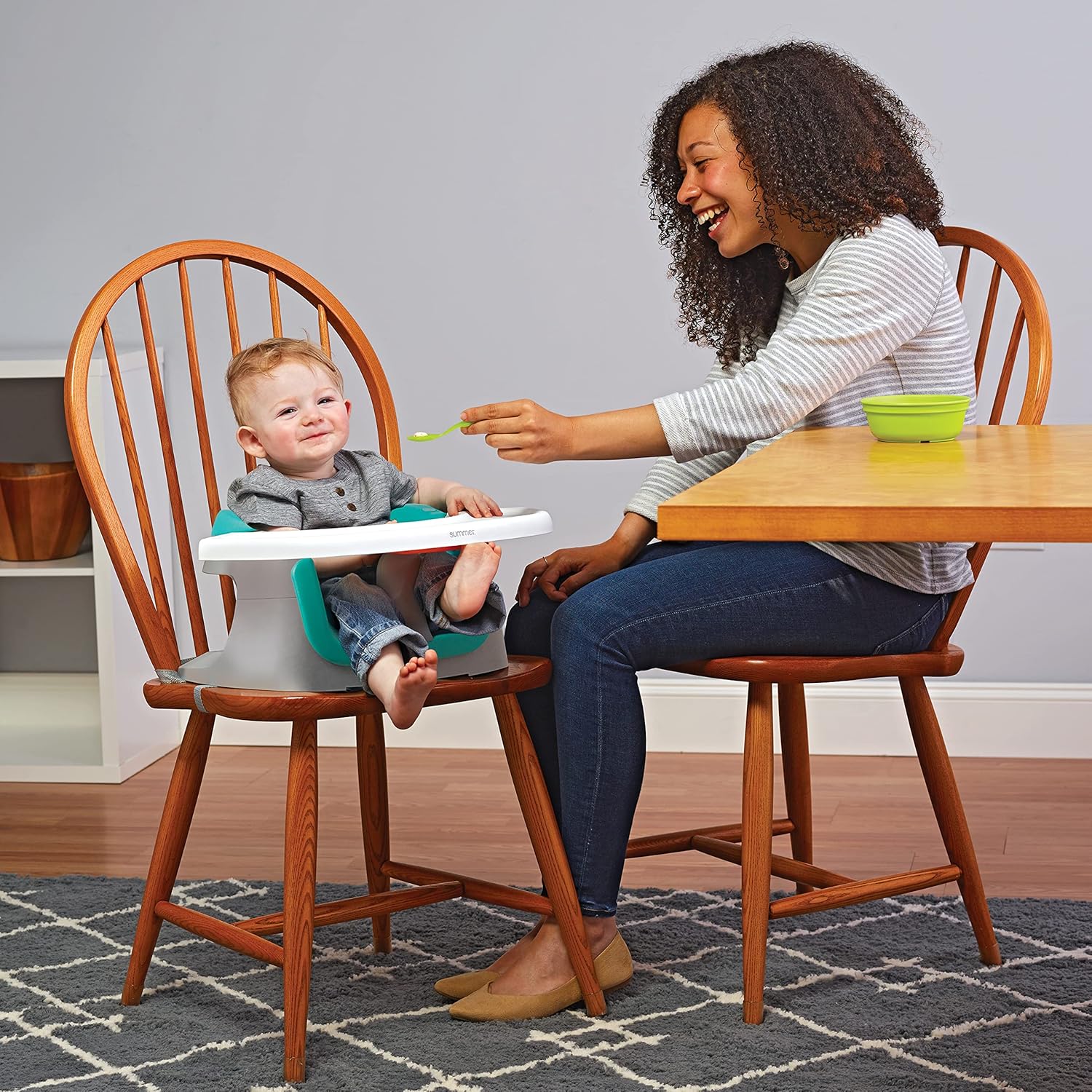 Summer Infant 4-in-1 SuperSeat teal and white feeding seat with tray