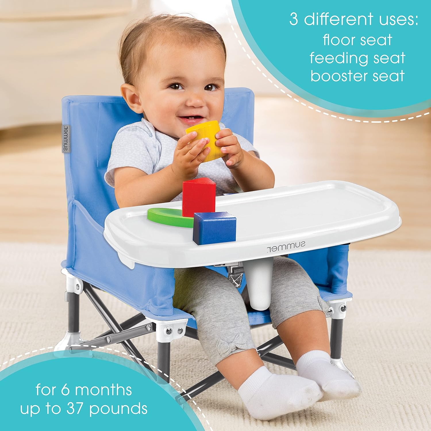 Summer Pop 'n Sit portable booster chair in blue with feeding tray