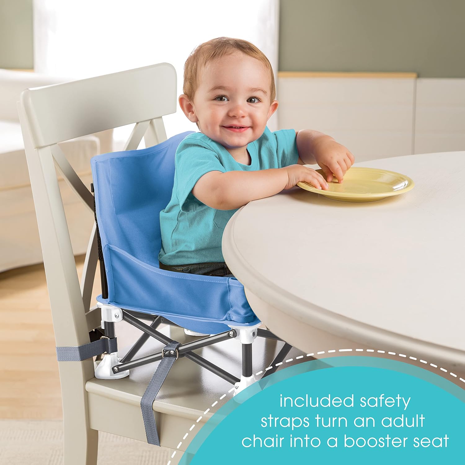Summer Pop 'n Sit portable booster chair in blue with safety straps