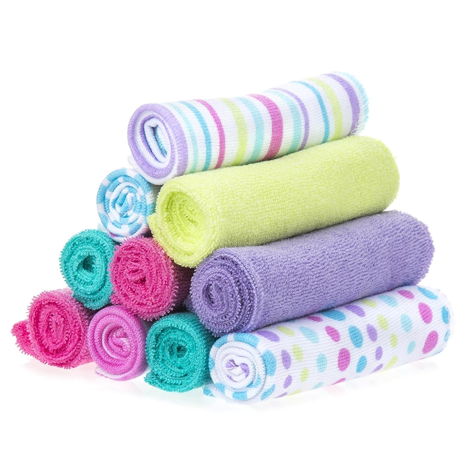 Spasilk washcloth wipes set for infants, pack of 10, multicoloured rolled cloths