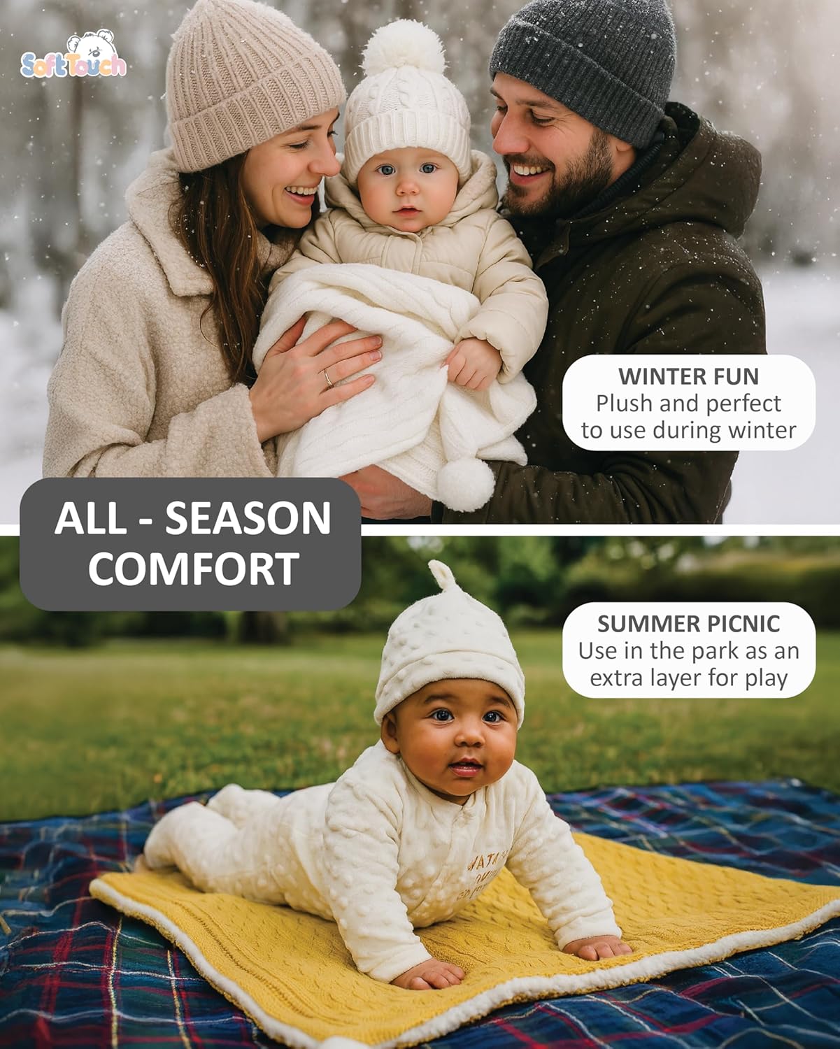 Soft Touch cream cable knit wrap with pompoms and sherpa lining for babies