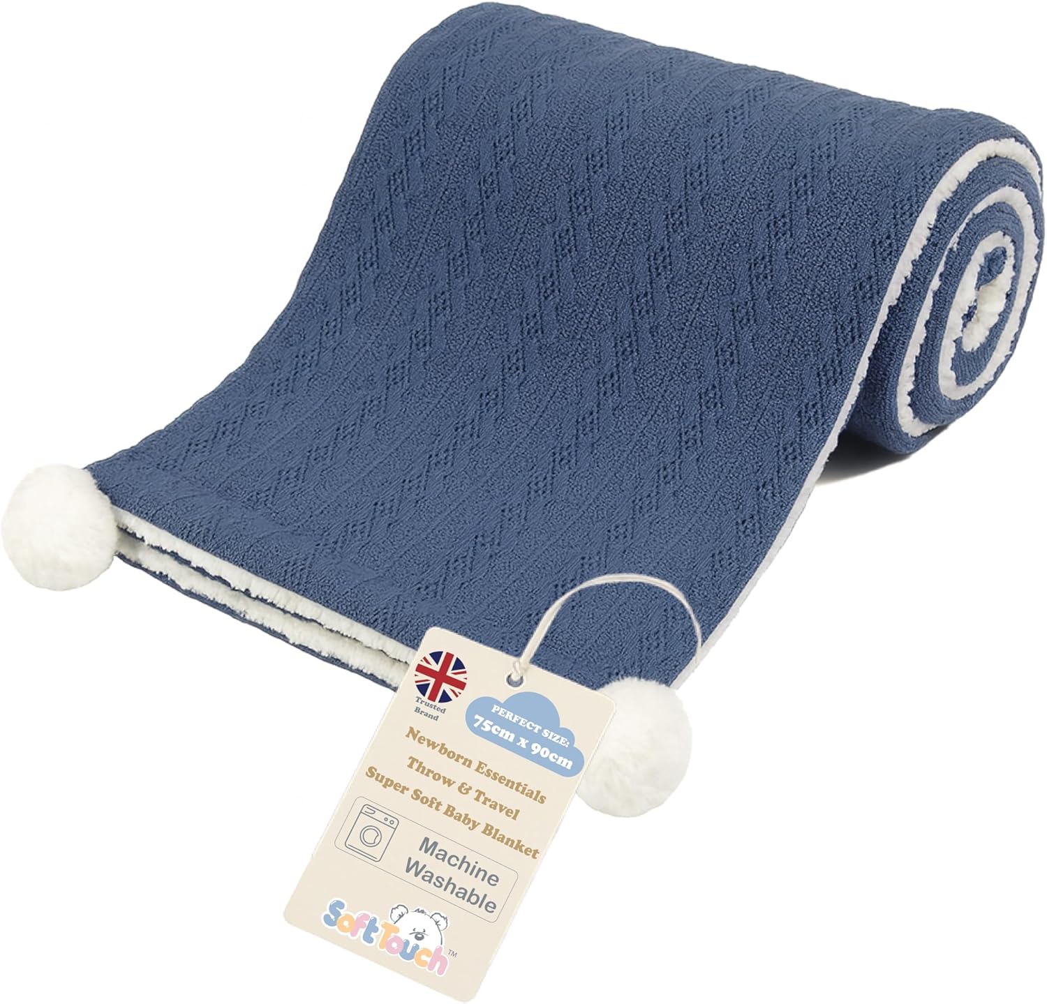 Soft Touch blue cable knit wrap with white poms and sherpa lining