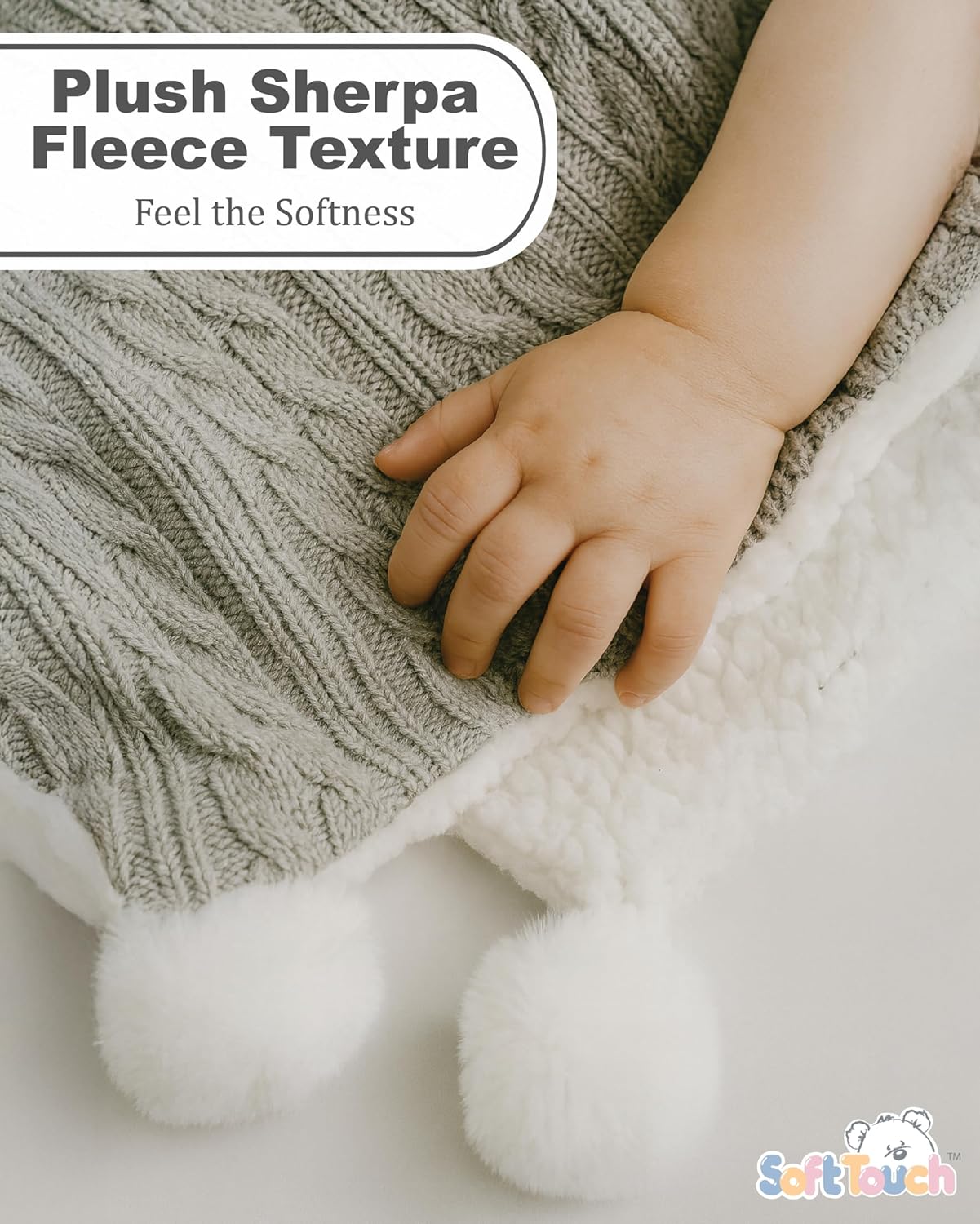 Soft Touch white cable knit wrap with cream sherpa fleece and pom details