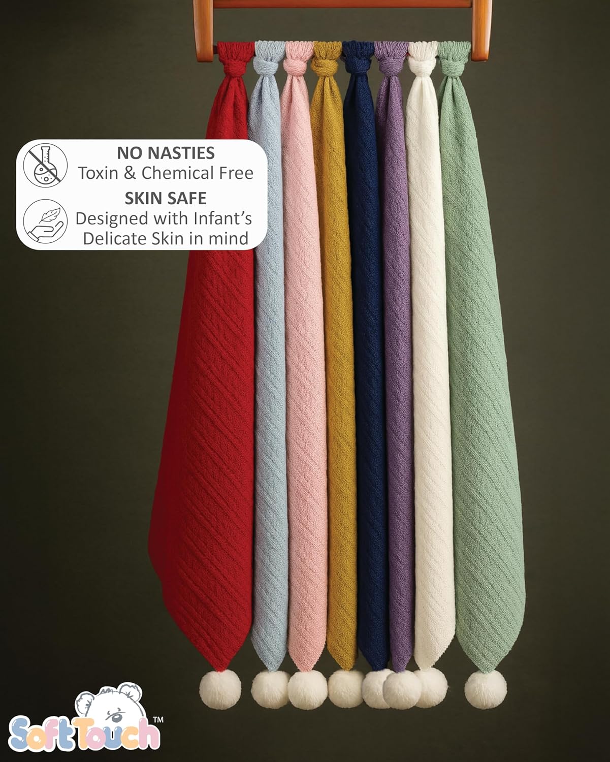 Soft Touch white cable knit wrap with poms and sherpa, toxin-free for babies