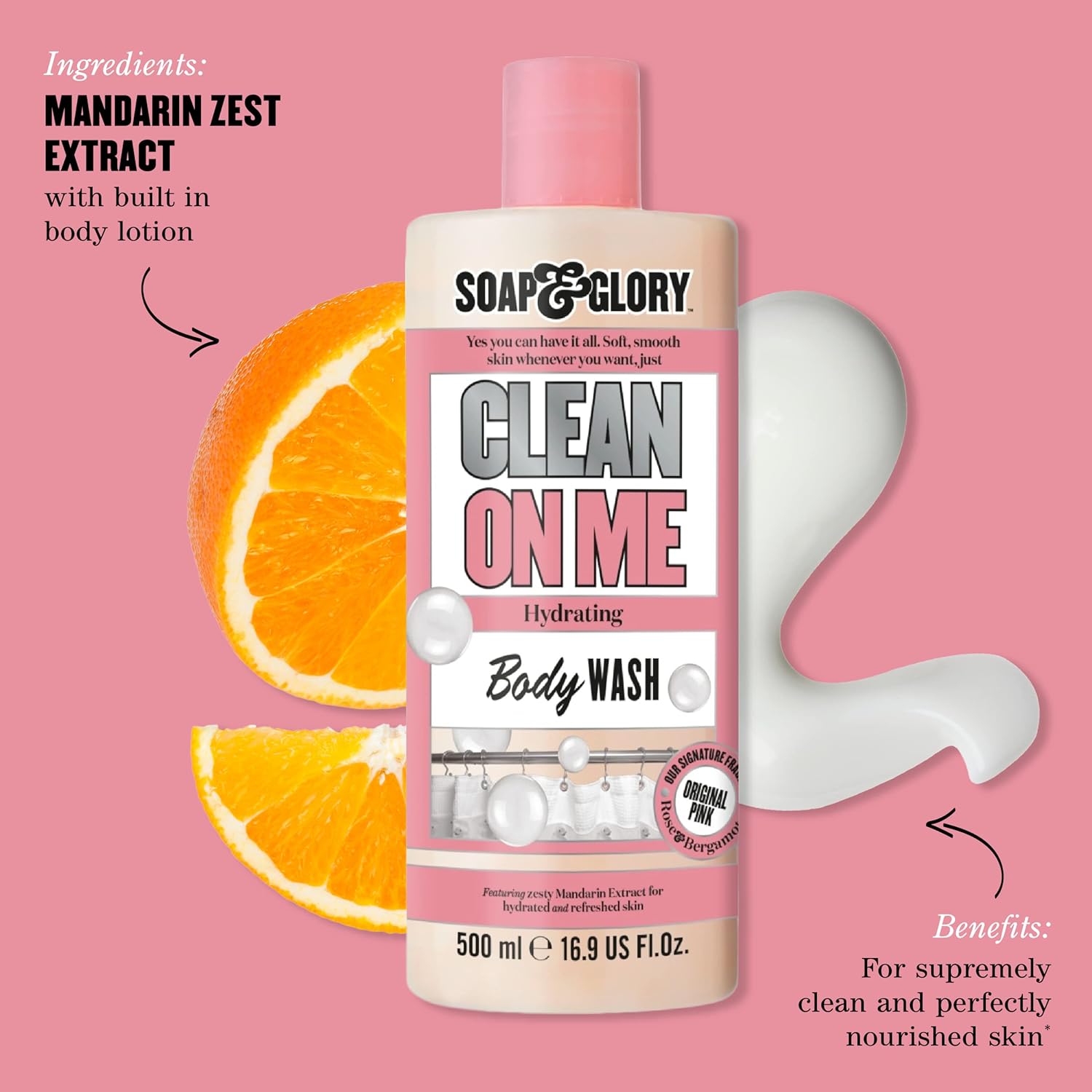Soap & Glory Clean On Me hydrating body wash 500ml pink bottle with mandarin extract