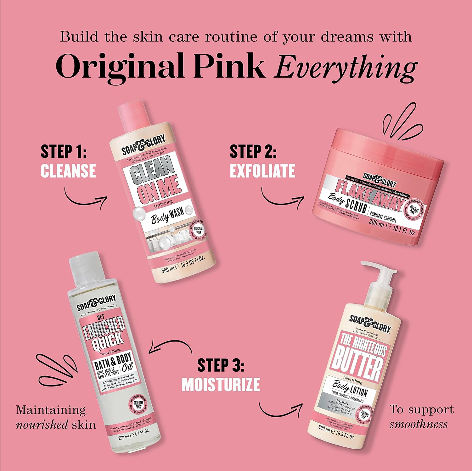 Soap & Glory Clean On Me hydrating body wash 500ml bottle with pink cap