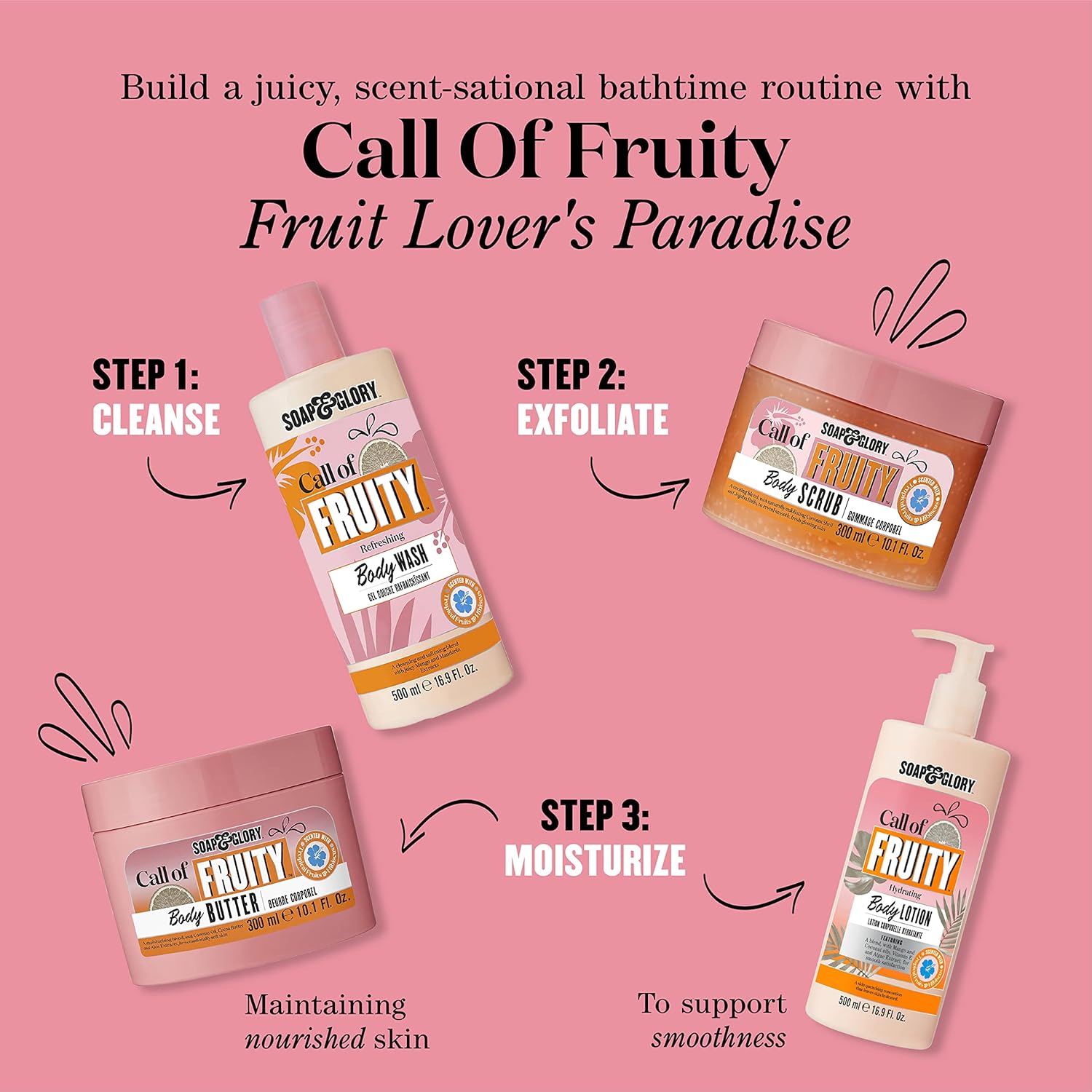 Soap and Glory Call of Fruity body butter 300ml jar with pink lid