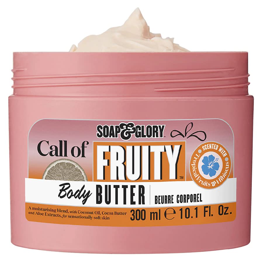 Soap & Glory Call of Fruity Body Butter 300ml pink jar with cream texture