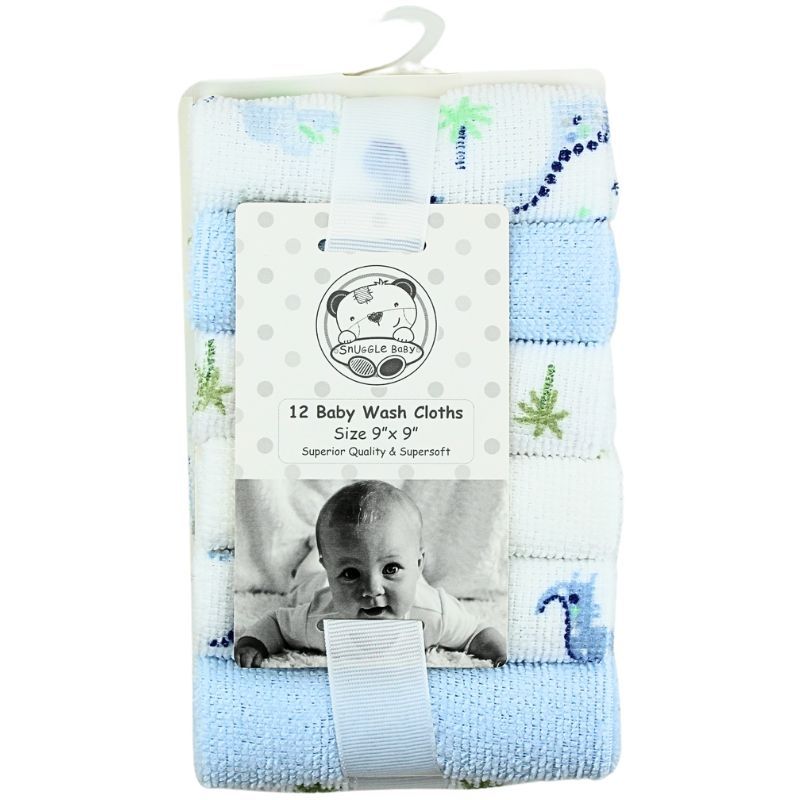 Snuggle Baby 12 pack wash cloths blue and white dino design 9 inches