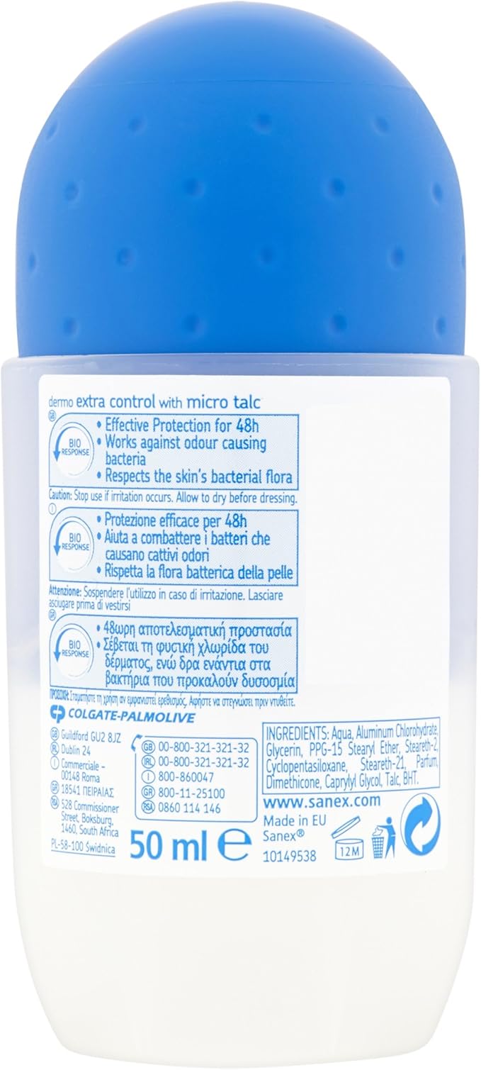 Sanex Dermo Extra Control blue roll-on antiperspirant deodorant 50ml bottle