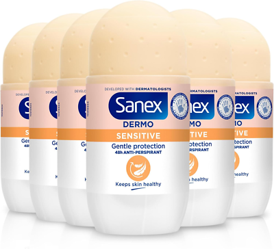 Sanex Dermo Sensitive roll-on antiperspirant deodorant 50ml white bottles