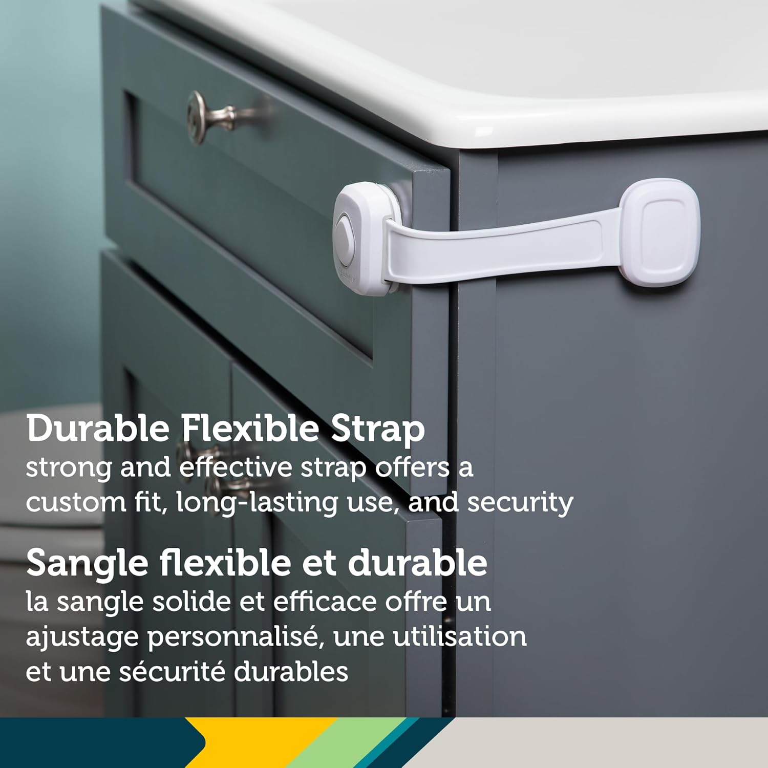Safety 1st OutSmart white multi-use lock on cabinet drawer
