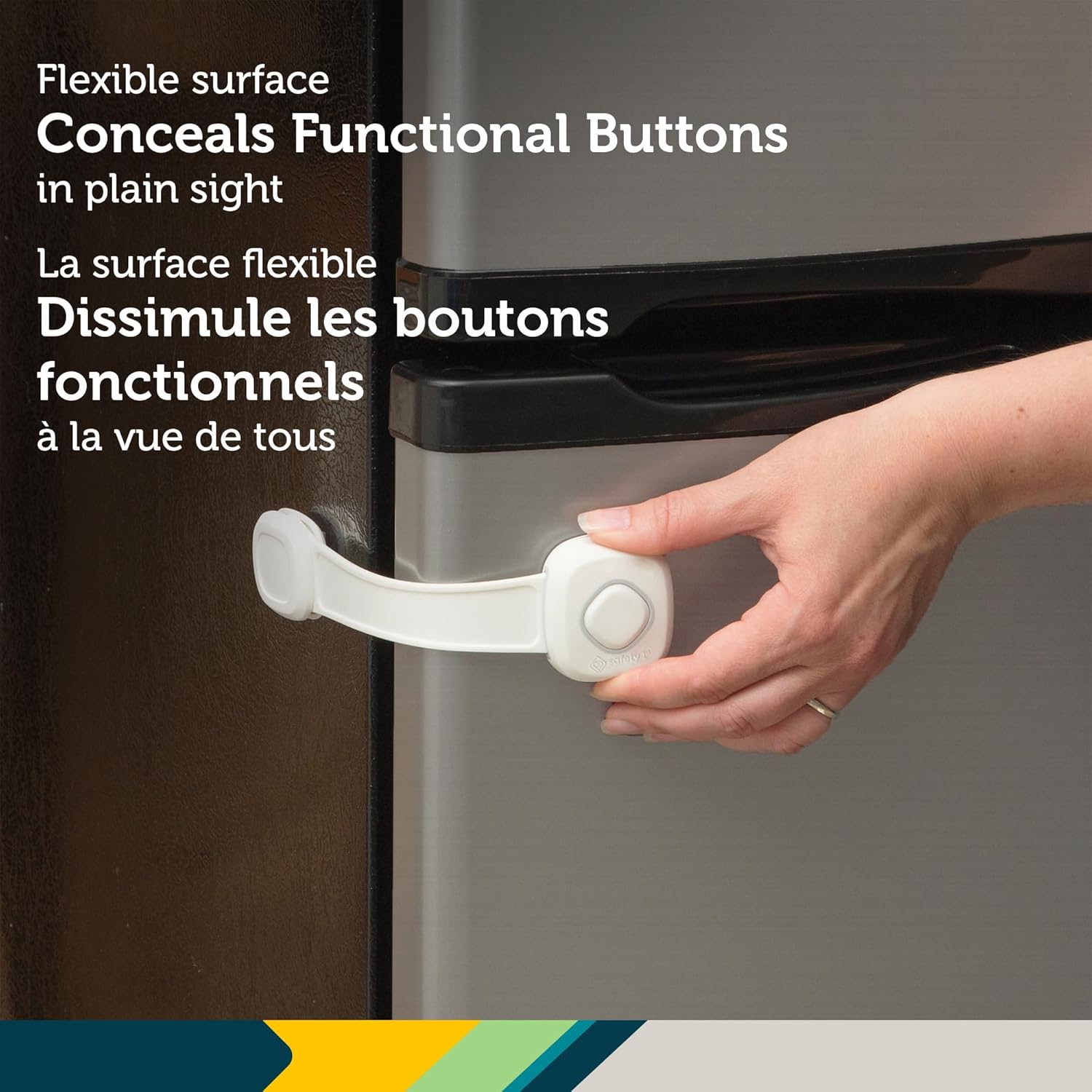 Safety 1st OutSmart Multi-Use Lock white child safety device on refrigerator door
