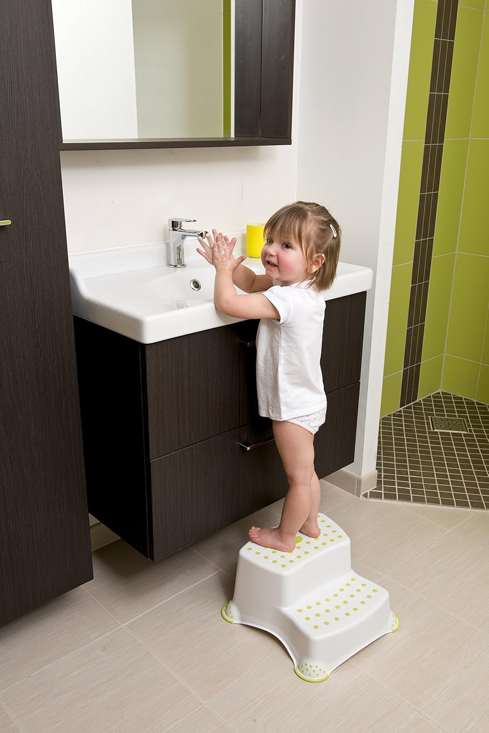 Safety 1st white double step stool with yellow non-slip dots