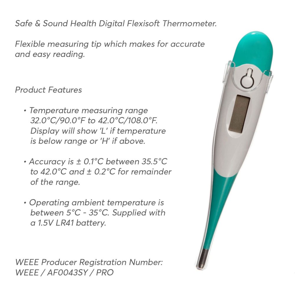Safe & Sound Flexisoft digital thermometer with turquoise flexible tip and digital display