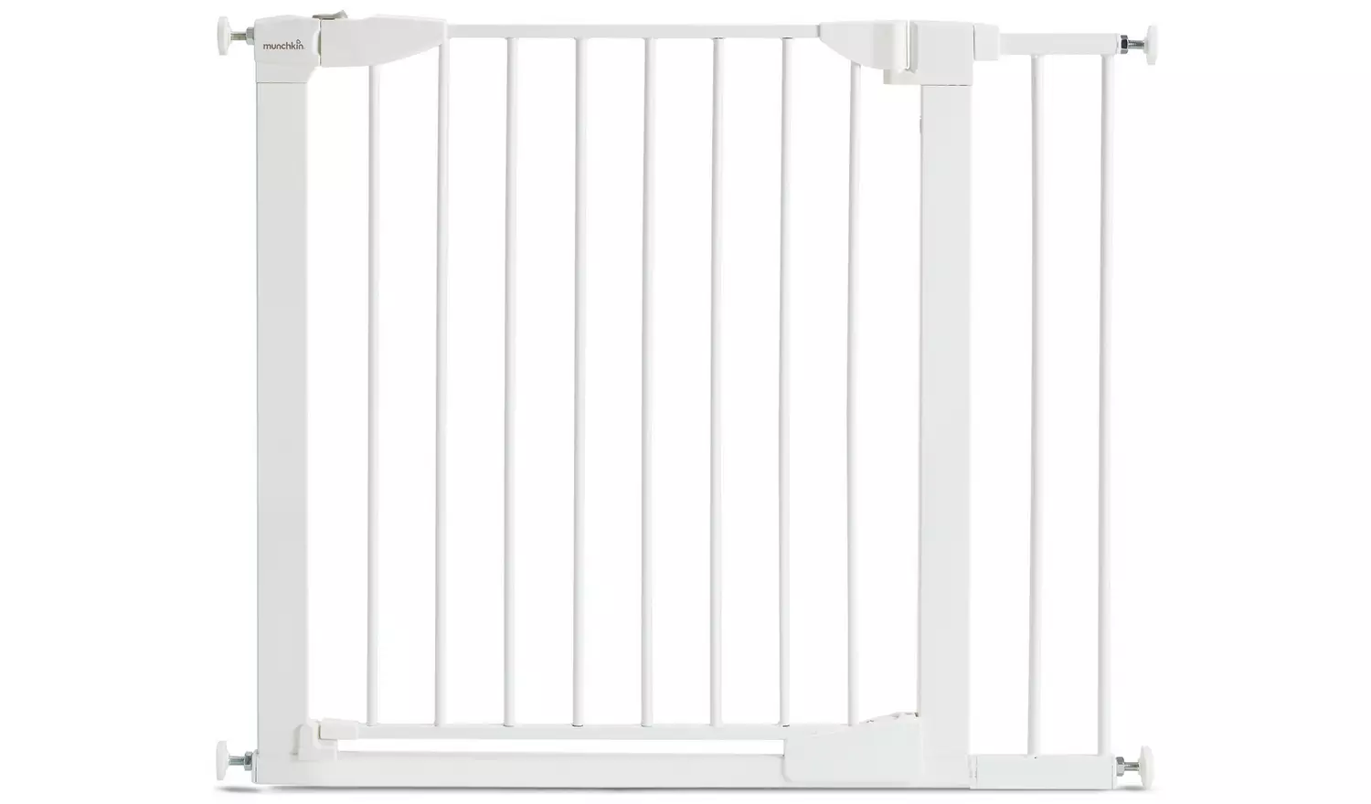 Munchkin white pressure-mounted safety gate with vertical bars