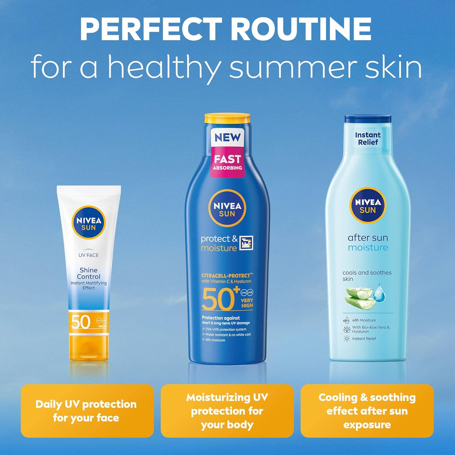 NIVEA SUN Protect & Moisture blue sun cream lotion bottle SPF 50+, 200ml