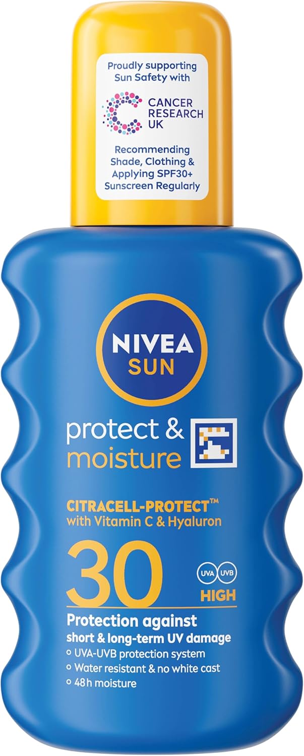 NIVEA Sun Protect and Moisture sun spray SPF 30, 200ml blue bottle