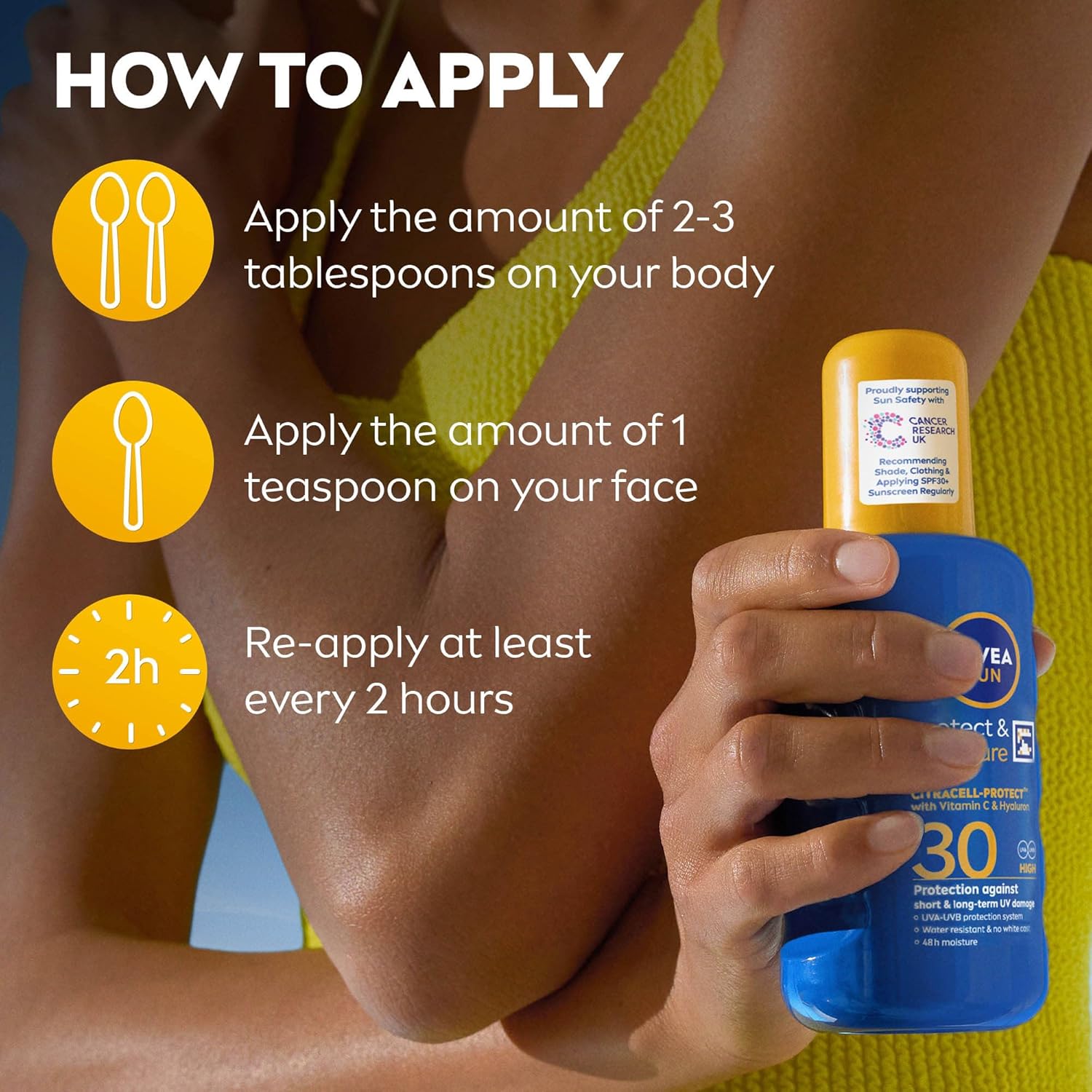 NIVEA Sun Protect & Moisture SPF 30 sun spray 200ml blue bottle held in hand